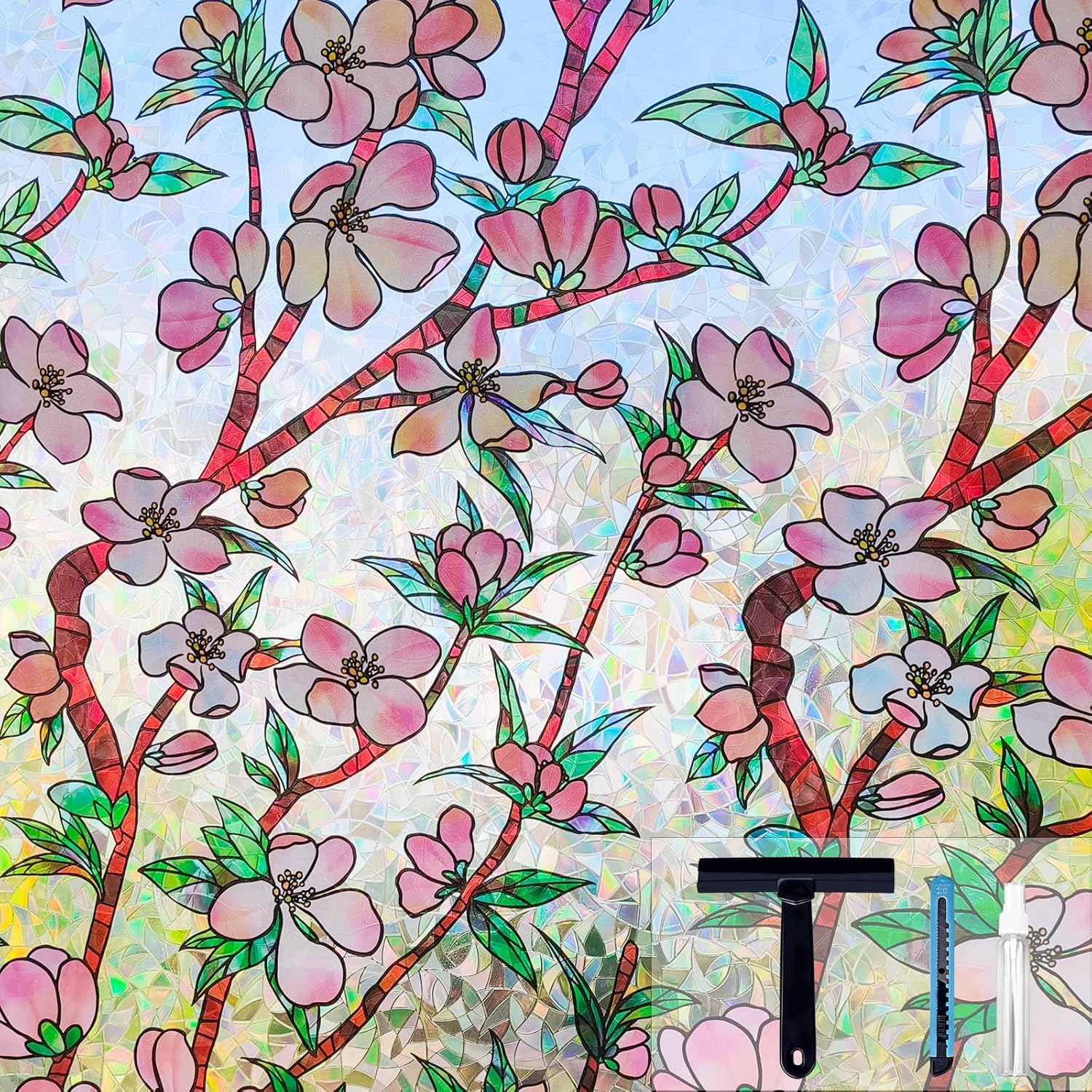 Peach Blossom Window Privacy Film, Stained Glass Rainbow Window Film, Floral Static Cling Decorative Window Cling, No Glue Frosted Glass Film for Bathroom Home UV Blocking,35.4''x78.7''