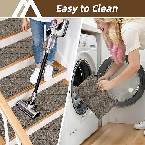 Vista 88 de COSY HOMEER - Alfombra antideslizante de 28 x 9 pulgadas, uso interior en peldaños de madera, alfombras para niños y perros, 100 % poliéster, base