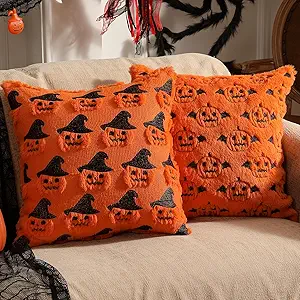 Halloween Decorations Set of 2 Double-Sided Halloween Pillow Covers 18" x 18", with 2 Different Looks, Pumpkin Bat & Pumpkin with Hat, Plush Faux Fur Throw Pillow Covers for Home Decor