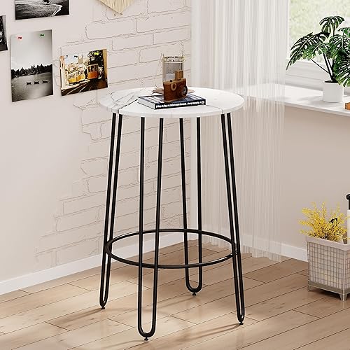 Miniatura 3 de Mesa redonda de barra redonda de 23.6 pulgadas, mesa de barra de mármol sintético blanco, mesa de cocina moderna pequeña para desayuno, mesa de