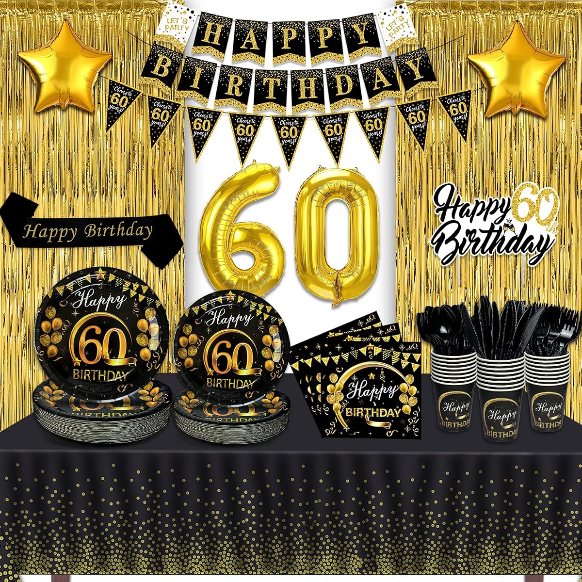 60th Birthday Party Supplies Set for 24 Guests – Gold Black Decor Kit with Foil Balloons, Banner, Tableware & Cutlery