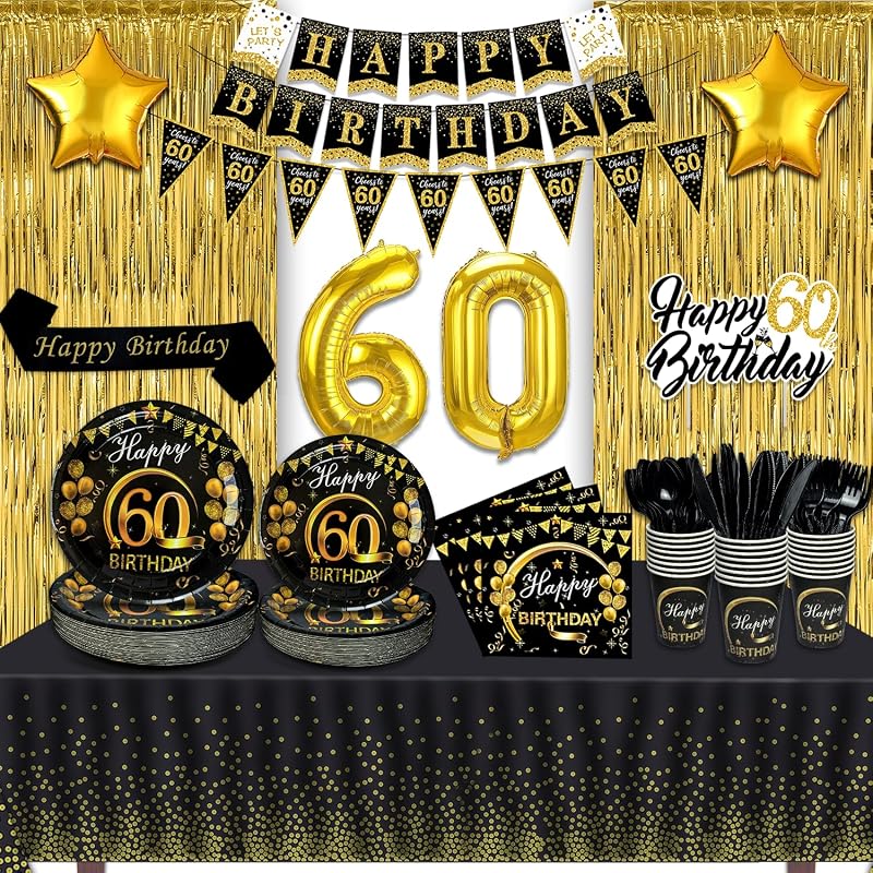60th Birthday Party Supplies Set for 24 Guests – Gold Black Decor Kit with Foil Balloons, Banner, Tableware & Cutlery