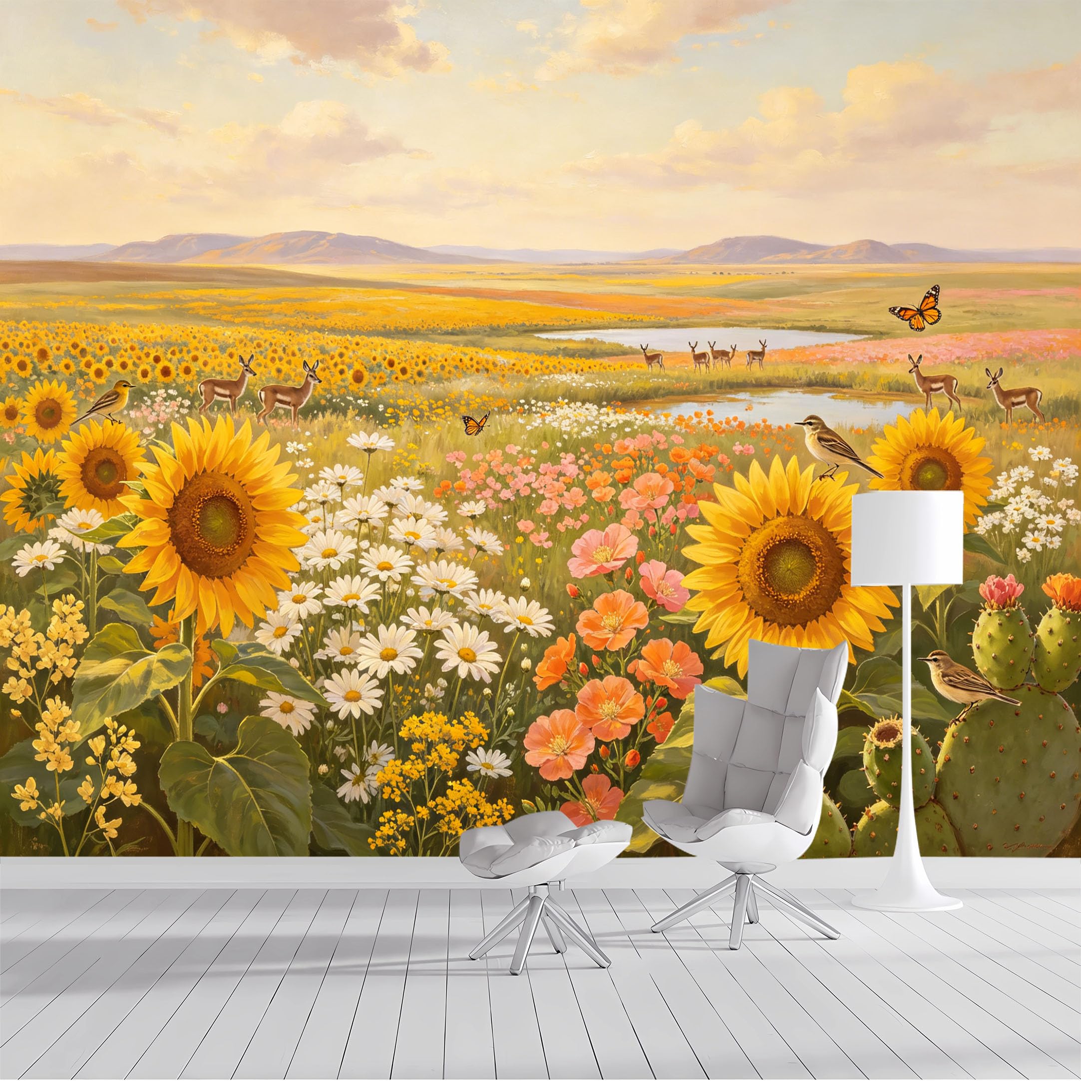 Custom Size Wall Mural Sunflower Field Deer and Butterfly Landscape Oil Painting SelfAdhesive Wall Fabric Removable Peel and Stick Wallpaper Wall Decor for Living Room Bedroom Bathroom