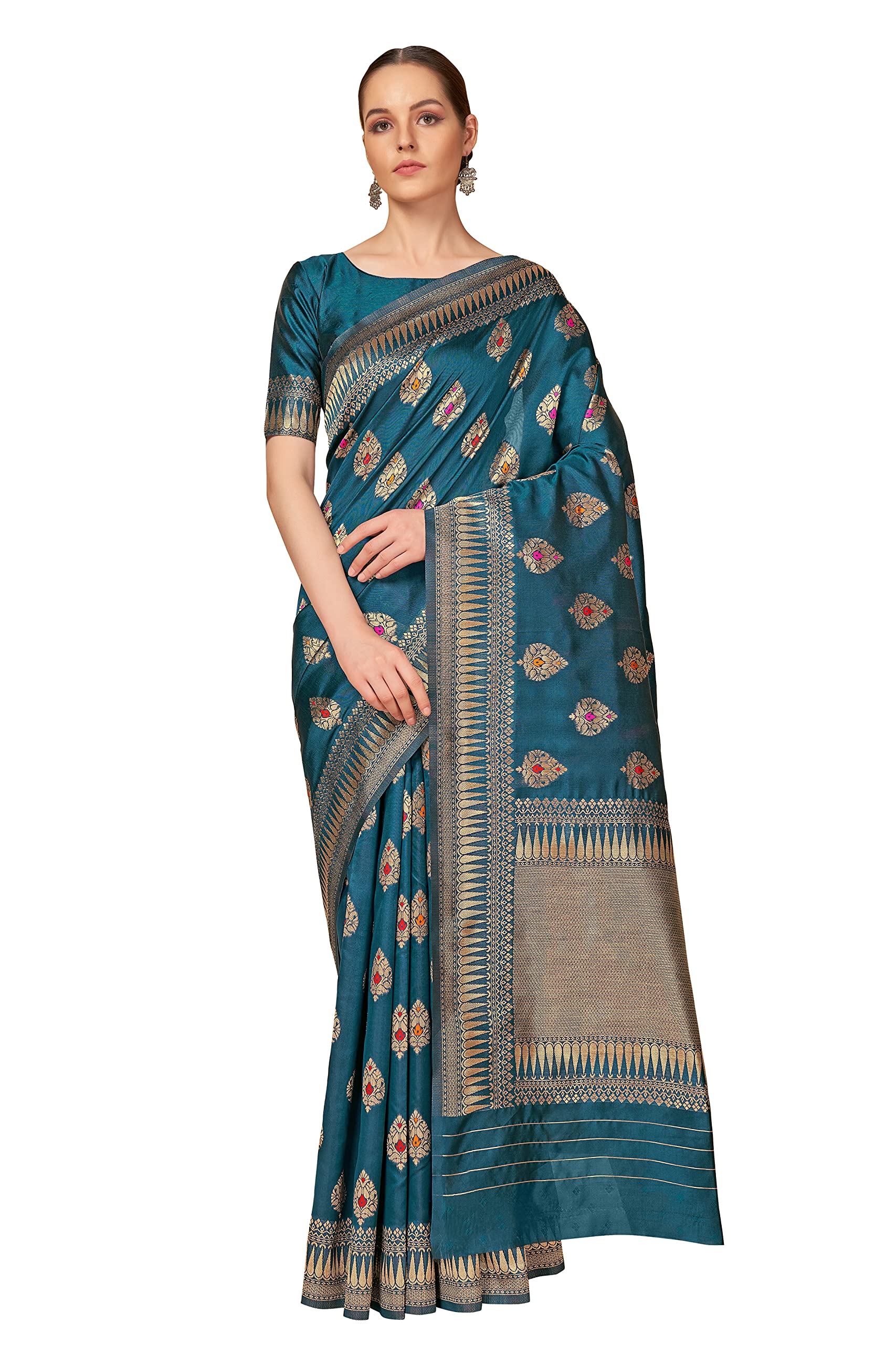 Monjolika FashionWomen's Banarasi Silk Dark Teal Color Beautiful Golden Zari Work Wedding Saree And Unsttiched Blouse Piece (4705_Yellow)