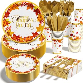 Thanksgiving Fall Party Supplies - 350 PCS Dinnerware Set with Autumn Maple Leaves Gold Paper Plates Napkins Cups Plastic Forks Knives Spoon for Harvest Celebrations