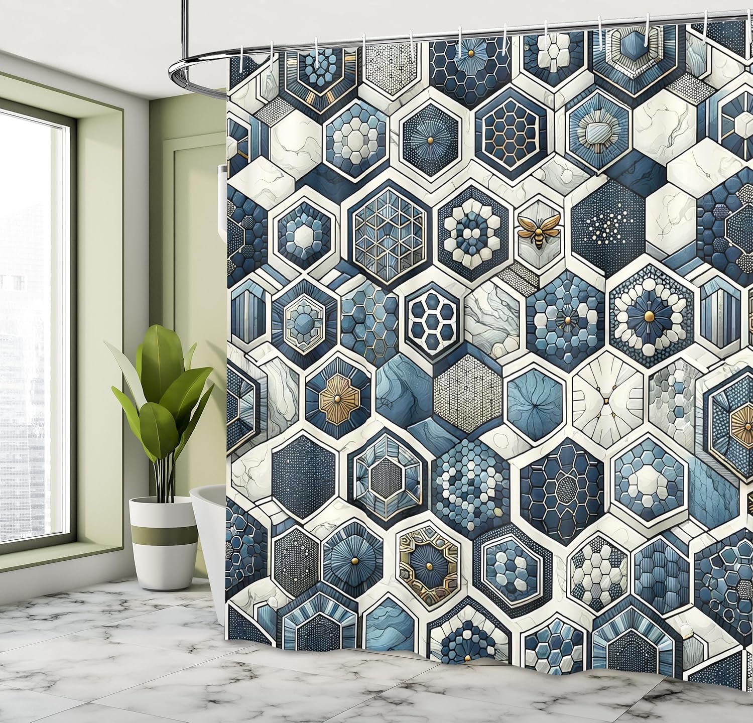 Ambesonne Navy Blue Shower Curtain, Modern Abstract Honeycomb Intricate Filling Mandala Bees and Circles, Cloth Fabric Bathroom Decor Set with Hooks, 69" W x 84" L, Ecru Almond Slate Blue