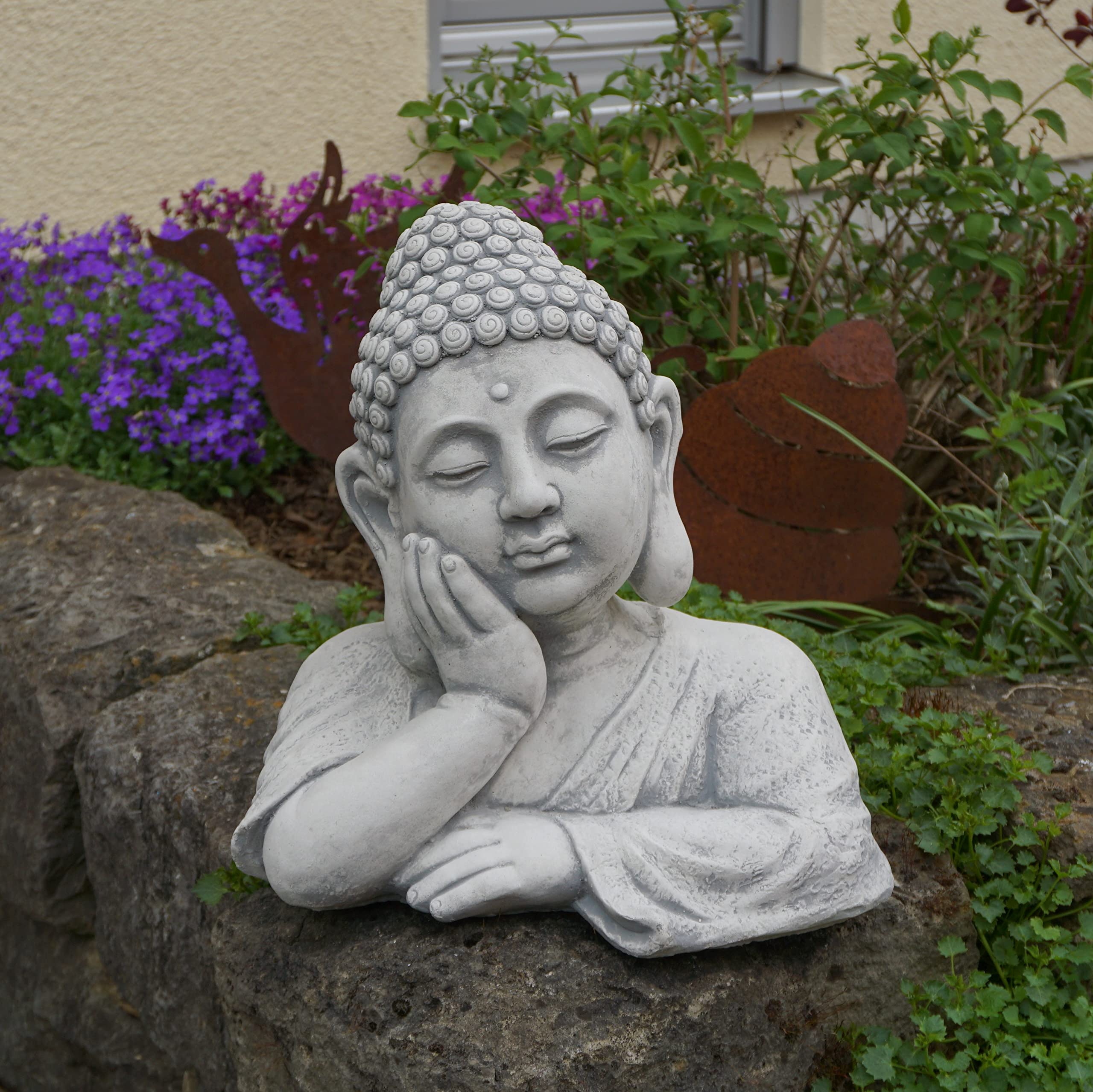 gartendekoparadies.de Buste de Bouddha imposant en pierre, H. 35 cm, 18 kg, gris, résistant au gel, en pierre coulée, pour l'extérieur