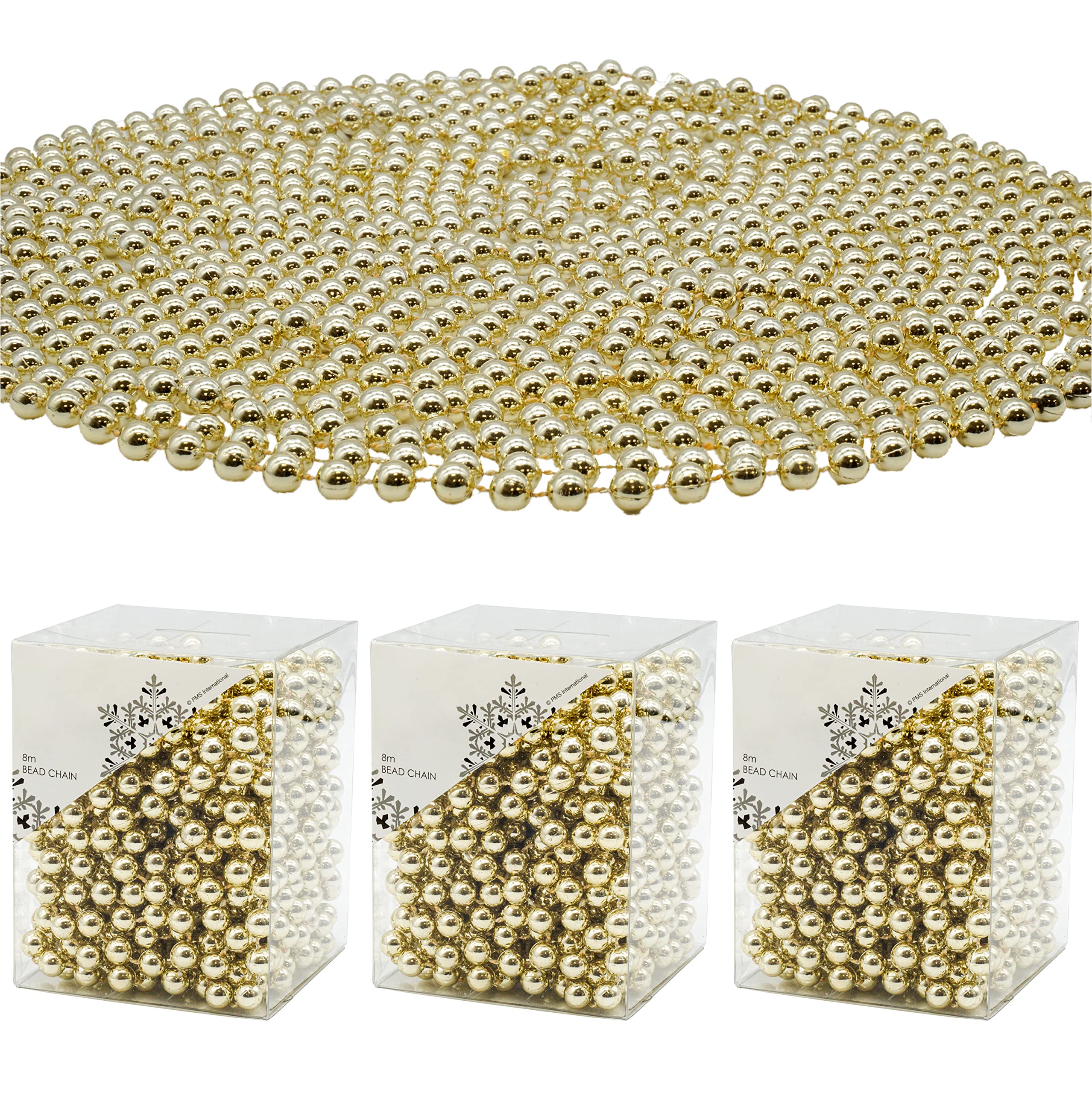 3x Champagne Gold 10M Christmas Bead Chains, Luxury Plastic Garland for Xmas Tree Ornaments, Pearl Bead Strands for Wedding Party Decor, Pearl String Garland Decoration