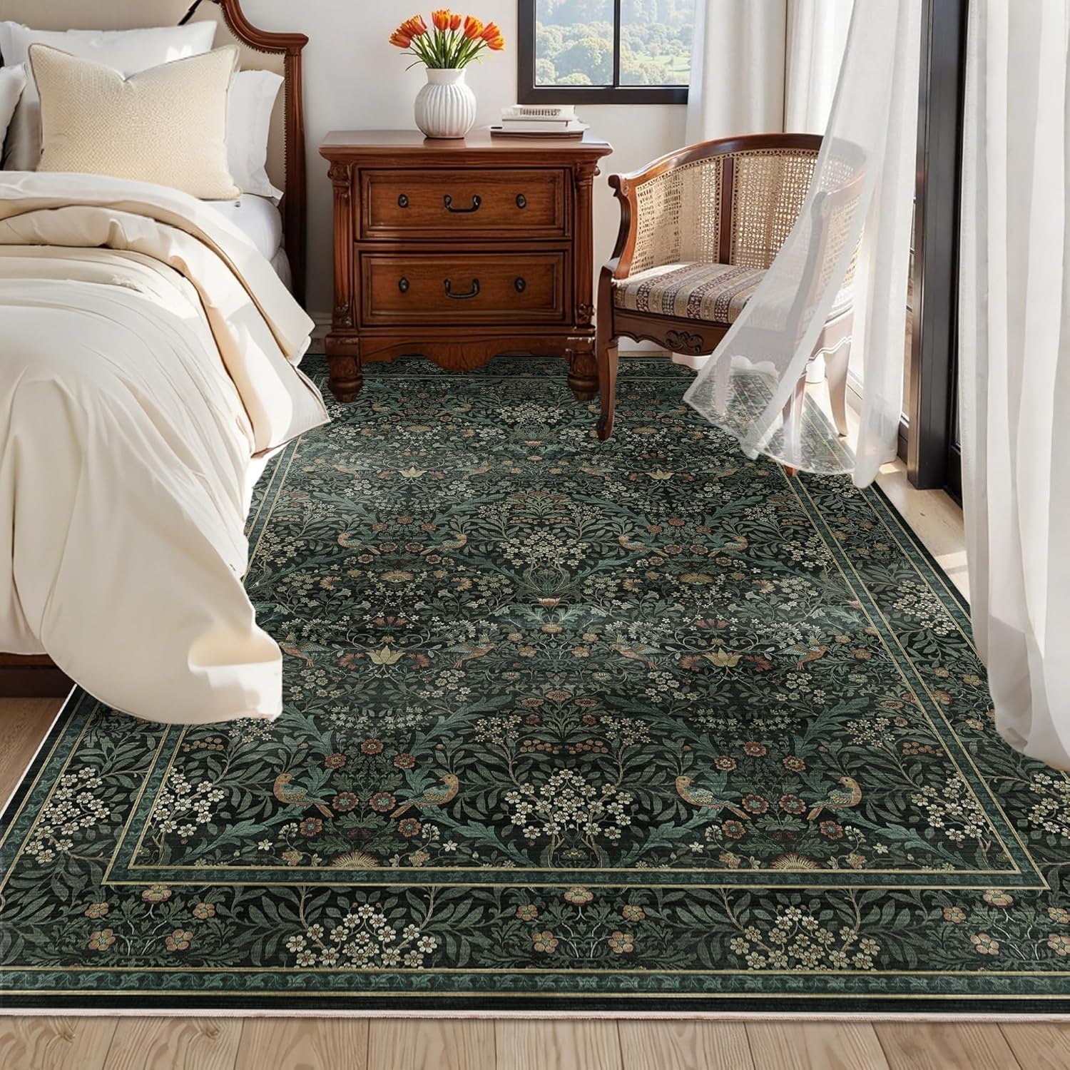 5x7 Floral Washable Area Rug for Living Room, Vintage Boho Large Rug for Bedroom Dining Room, Distressed Botanical Birds Non Slip Low Pile Forest Animal Throw Carpet for Farmhouse Office, Dark Green - Image 3