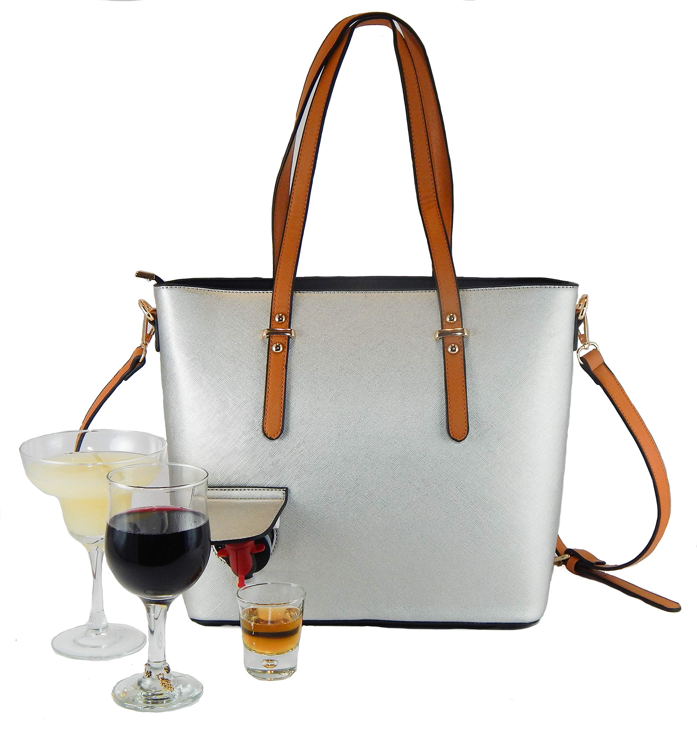 The Joy Collection Loving Liquid Line Wine Purse with Hidden Spout - Holds 1.5 ltrs. - Wine Tote (Black/Silver)