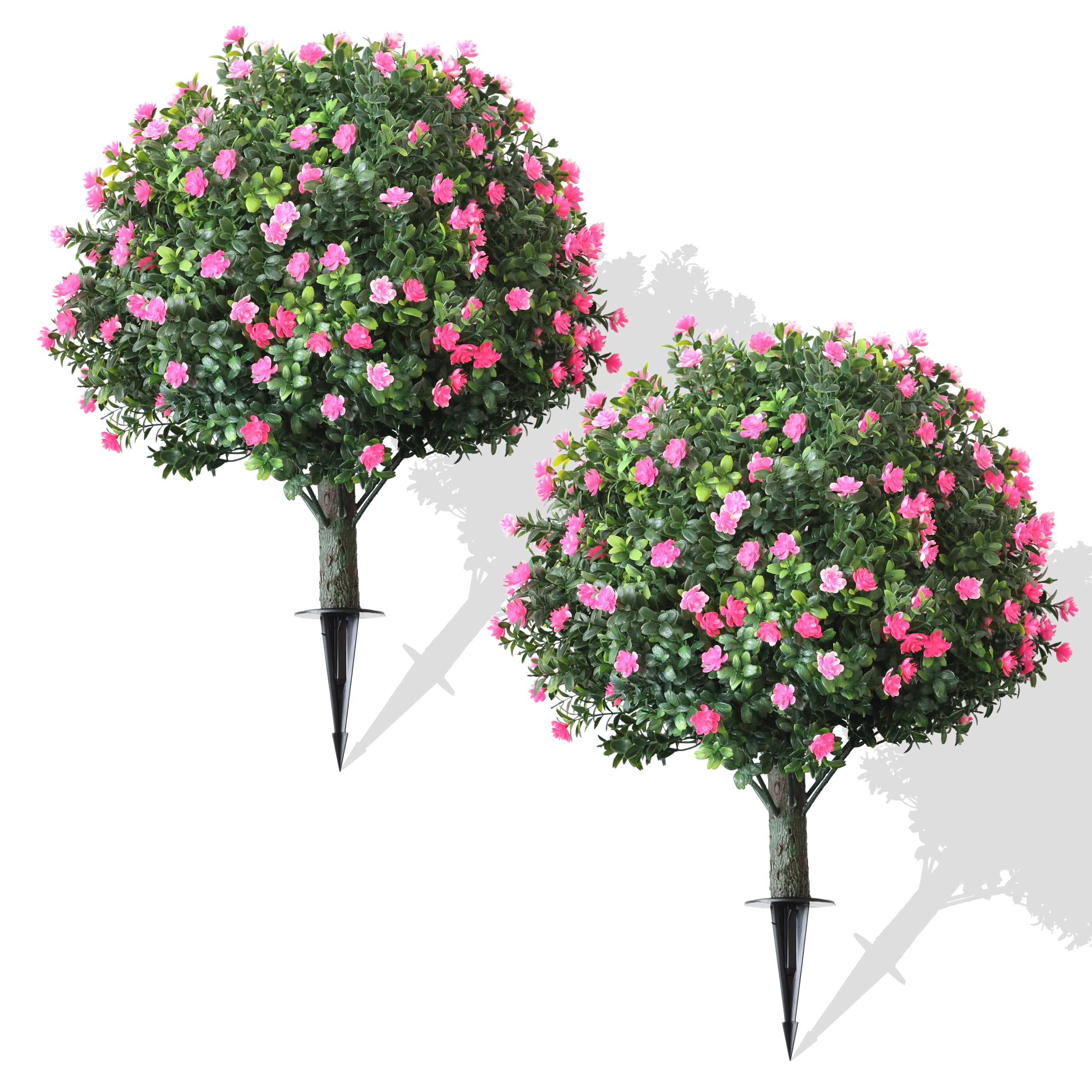 2-Pack Artificial Boxwood Topiary Ball Plant with Pink Flowers, Ground Stake, UV-Resistant Outdoor & Indoor Decorative Flowers