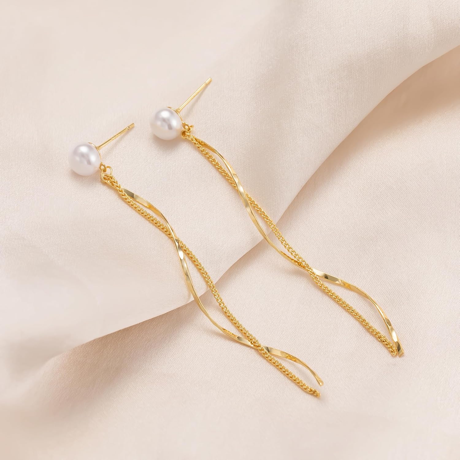 Moodear Dainty Pearl Dangle Earrings for Women - Trendy 14K Gold Plated Pearl Hypoallergenic Drop Earring Wedding Jewelry Gift - Image 6