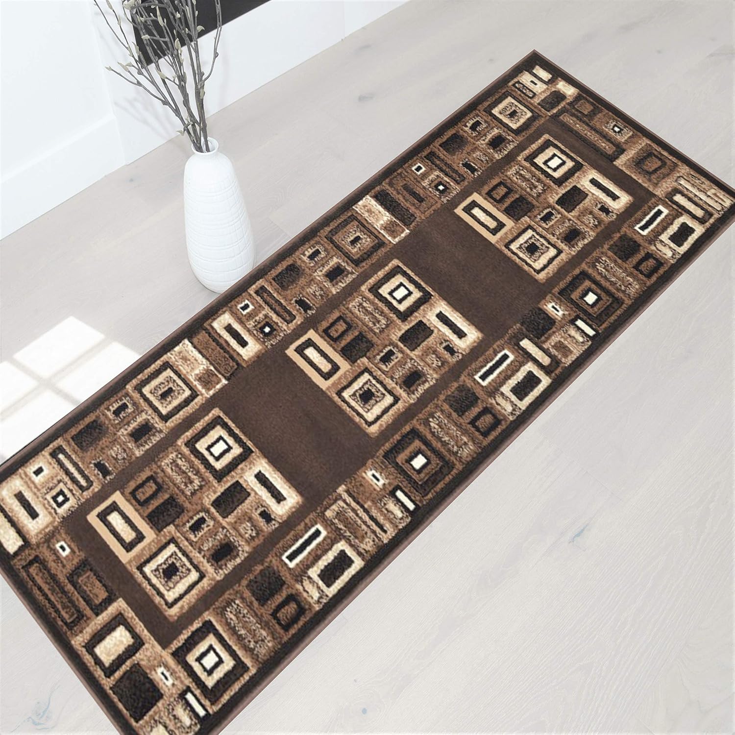 HR-Modern Contemporary Area Rugs-Abstract Carpet with Frame/Boxy/Cube Pattern-Shed Free Red/Mocha/Ivory/Black