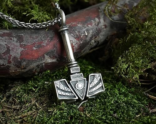 Miniatura 165 de Viking Thors Hammer Necklace Pendant - Vegvisir Aegishjalmur Helm of Awe Raven Huginn Muninn Pendant Necklace Amulet Talisman - Thor Necklace - Bear