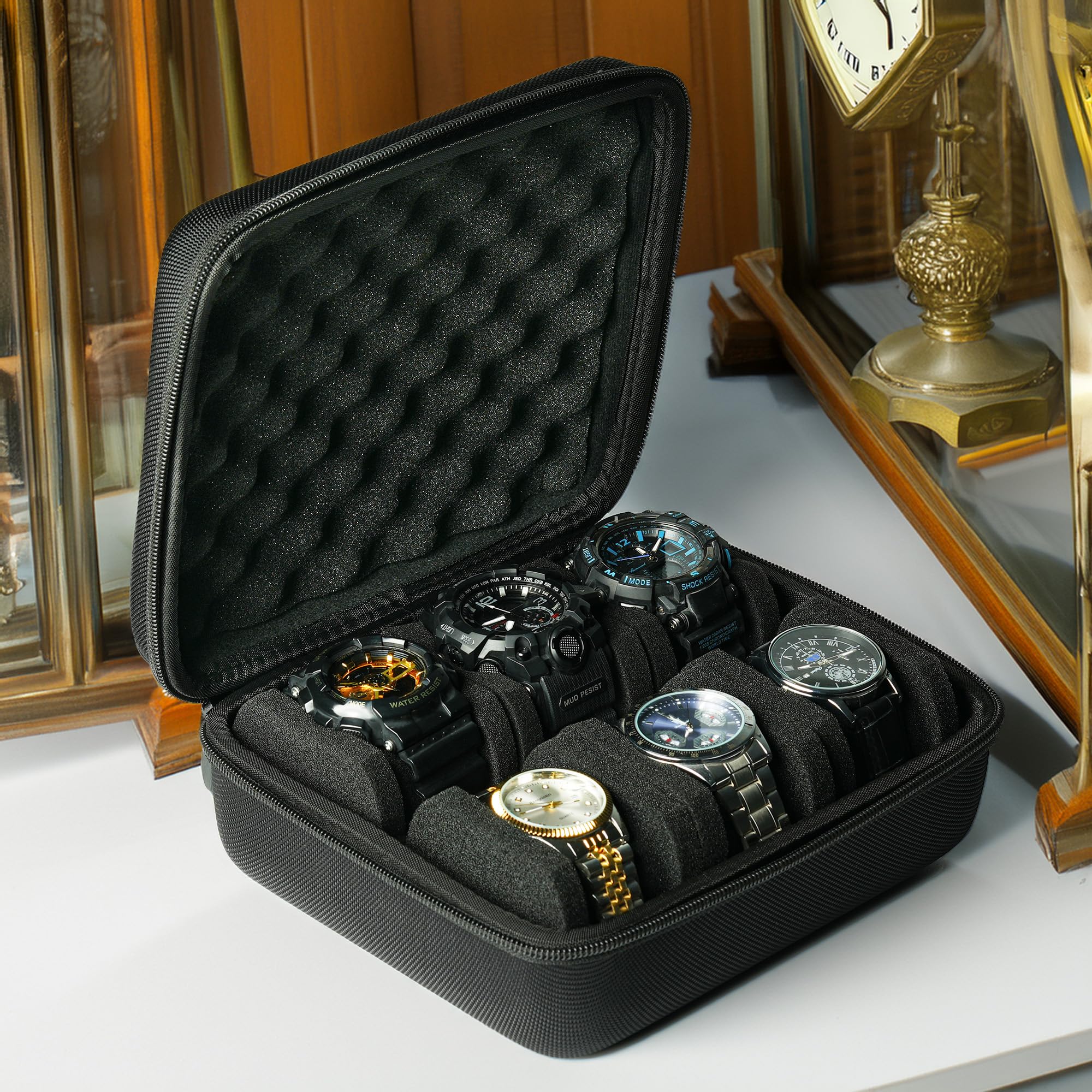 Hard 6 slots watch travel case, men's watch travel organizer, hard watch box for display and organization (Black, 6 slot with 2 compartment)