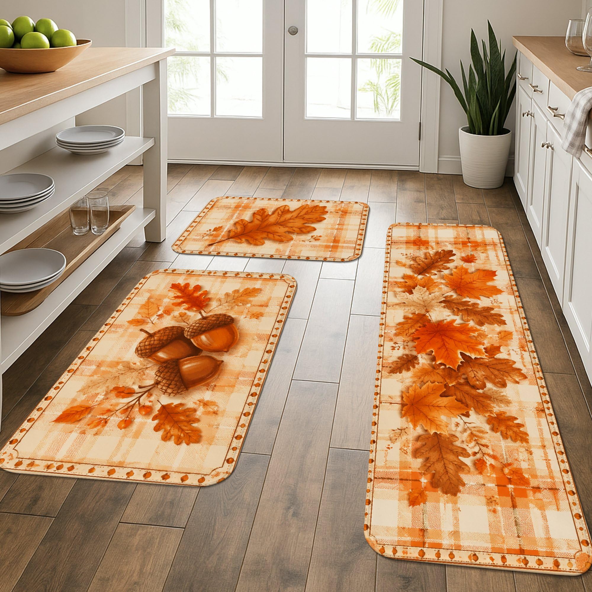 Tapis de cuisine motif feuilles d'automne rustiques lot de 3 tapis de sol lavables orange doux