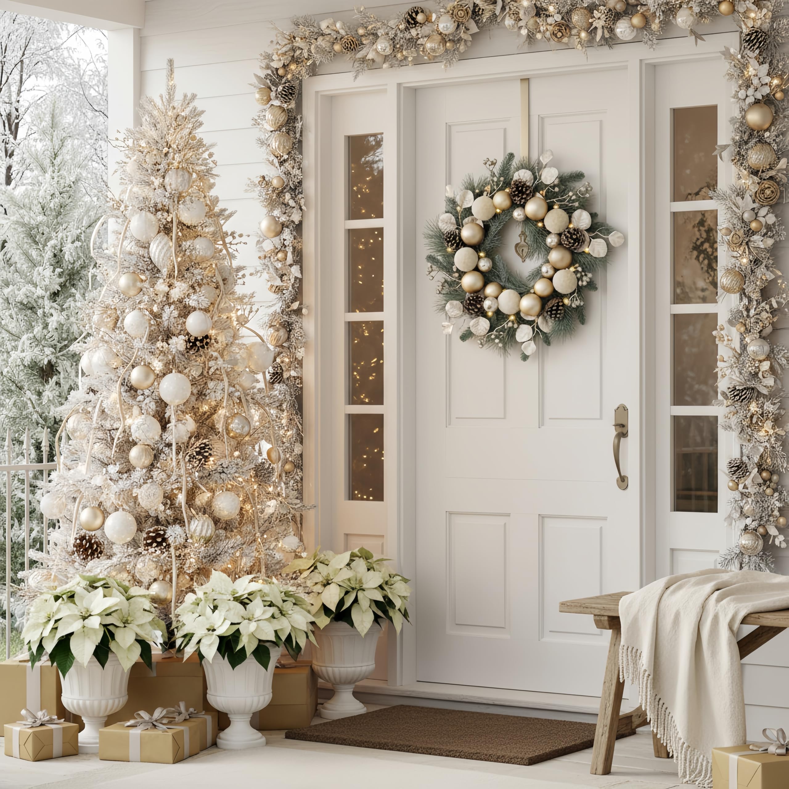 Valery Madelyn Couronne de Noël pré-éclairée de 50,8 cm pour Porte d'entrée avec lumières, Grande Couronne de Noël éclairée avec Boules de Noël dorées Champagne pour cheminée, fenêtre, Table