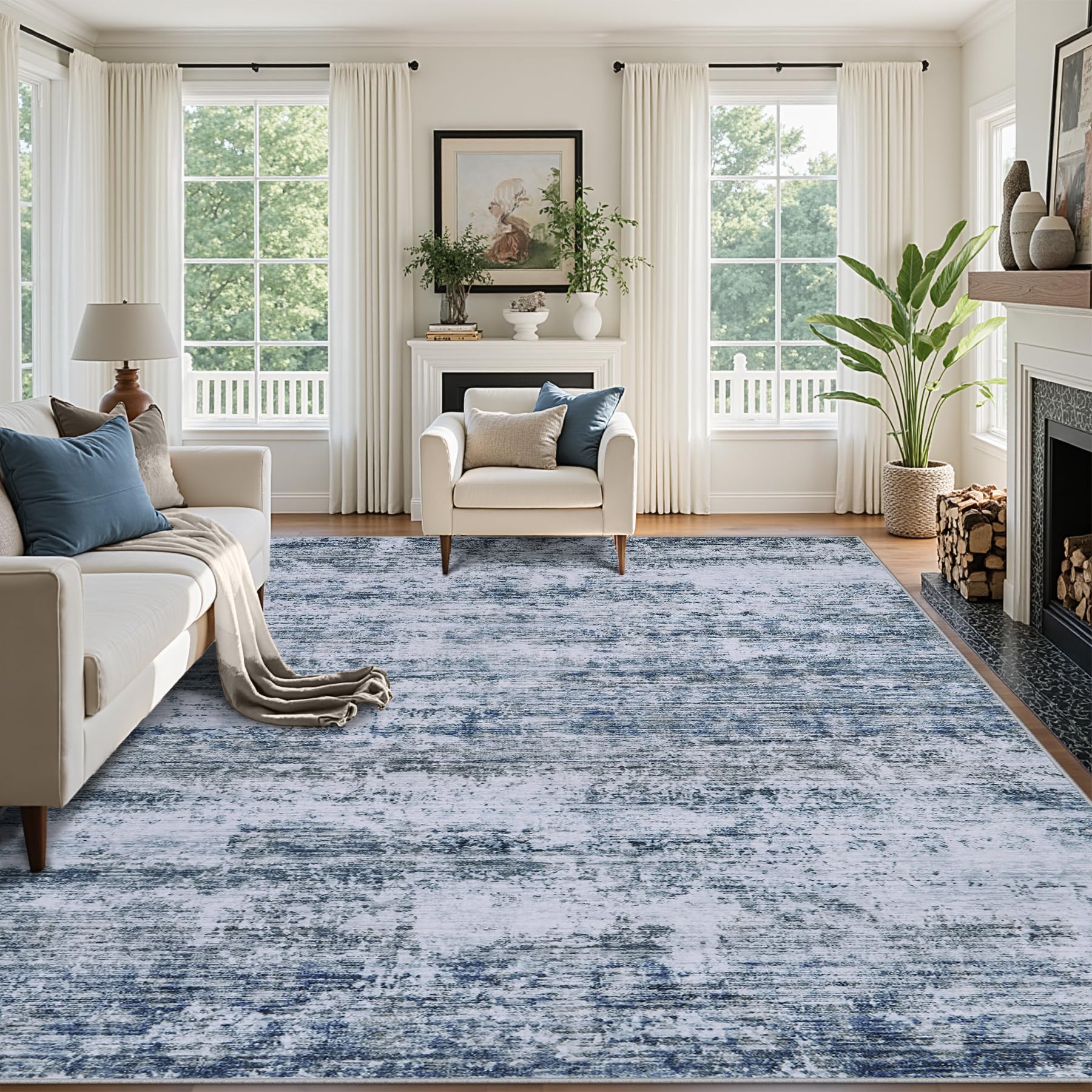 8x10 Area Rugs for Living Room：Large Machine Washable Area Rug with Non Slip Backing Non Shedding Abstract Stain Resistant Carpet for Bedroom Dining