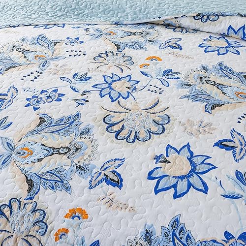 Miniatura 5 de NEWLAKE Juego de colcha de algodón, juego de colcha reversible de retazos, hermoso patrón floral, tamaño King