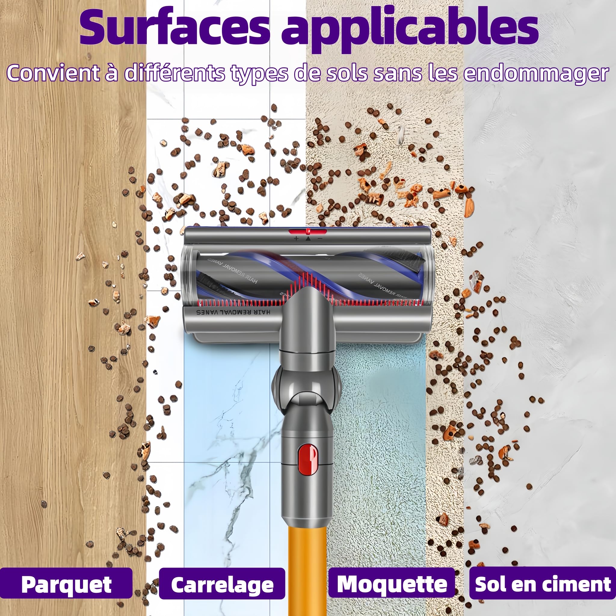 Brosse High Torque Anti-Enchevêtrement Compatible avec Dyson V15 V11 V10 V8 V7 SV14 SV22, Tête d'Aspirateur Motorisée de Rechange, Aspiration Réglable pour Tapis Sols Durs et Poils d'animaux