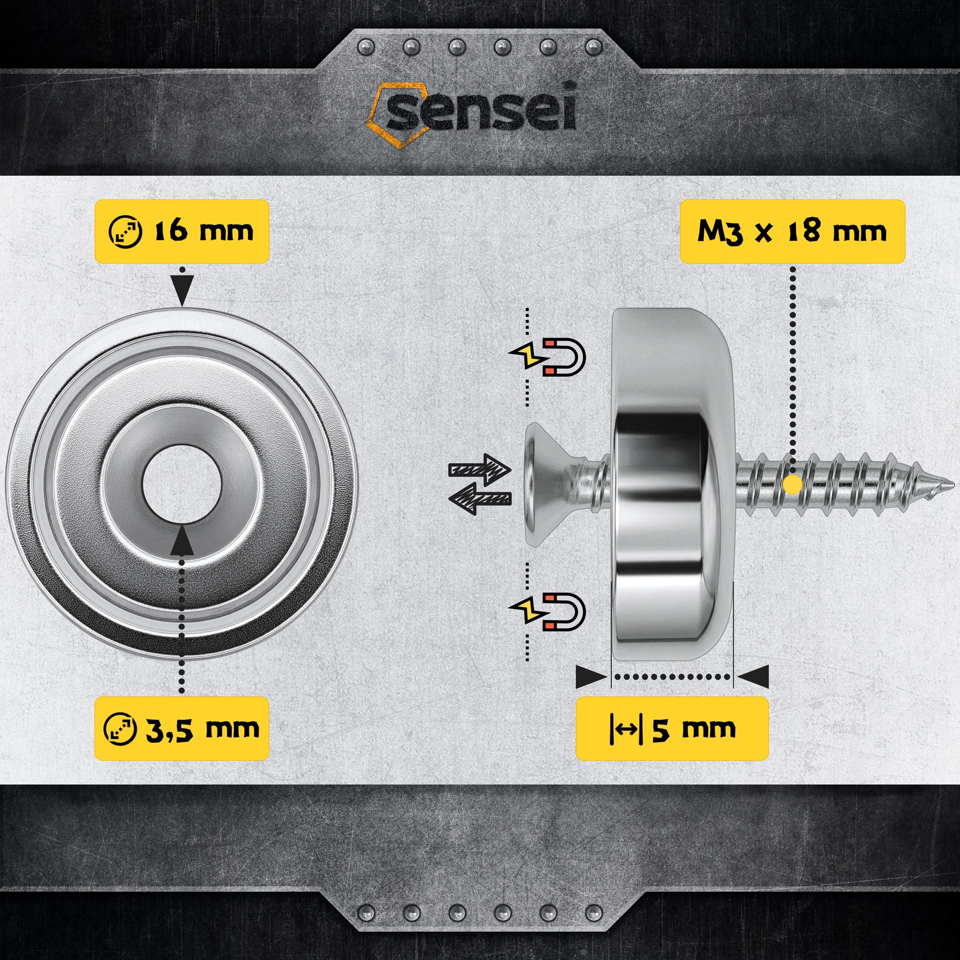 SENSEI Calamite Piatte con Foro (16x5 mm, 6 kg) – Magneti Neodimio per Officina e Utensili – con Viti – Set da 12
