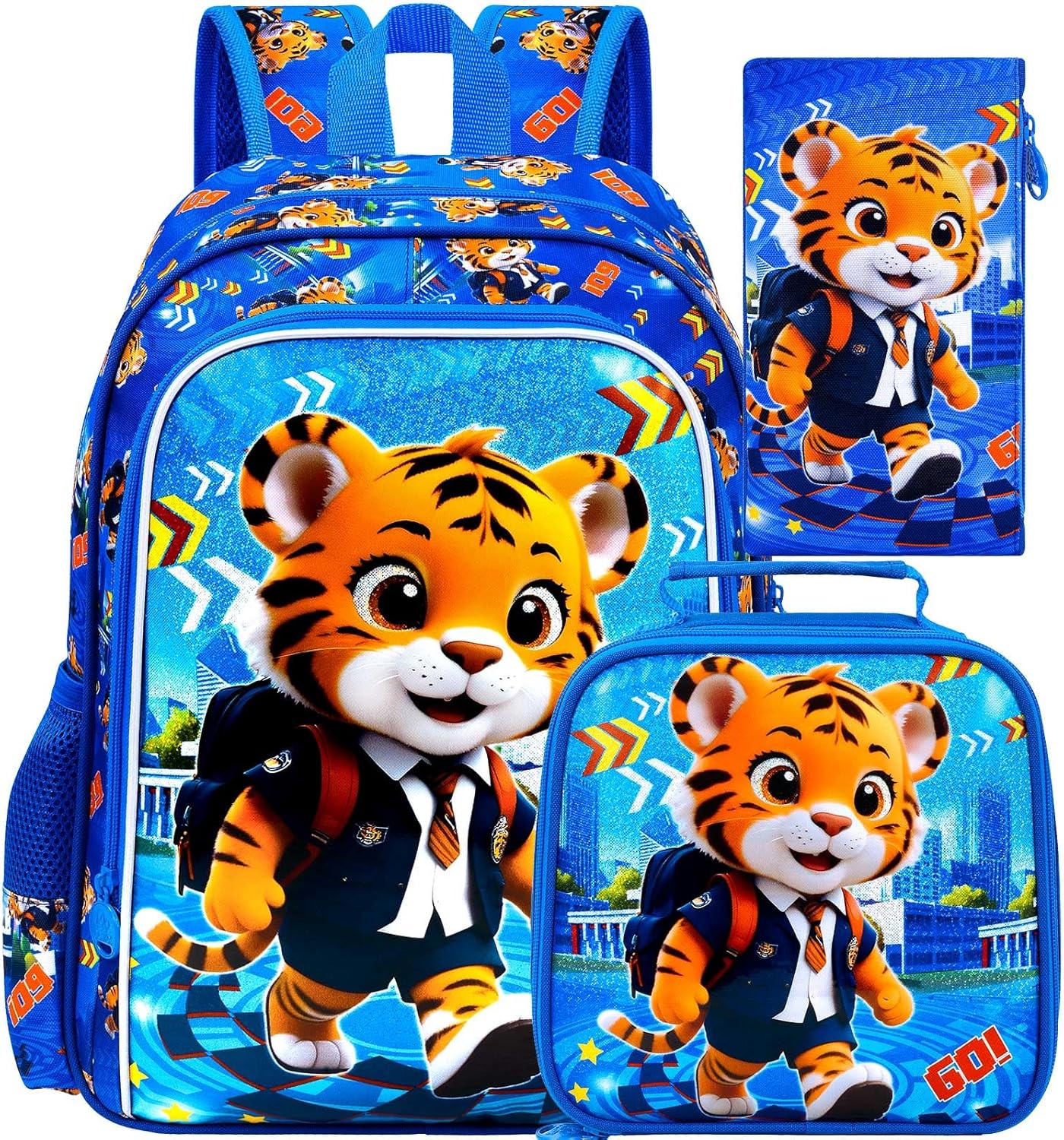 CCJPX 16" Kids Backpack for Boys, 3PCS Tiger Water Resistant Preschool Bookbags, Cool Kindergarten School Backpacks and Lunch Box