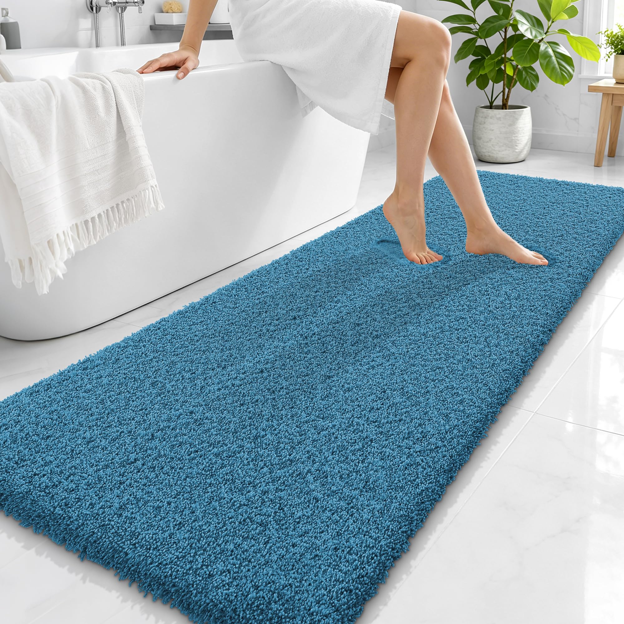 OLANLY Microfiber Bathroom Runner Rugs 70x24, Soft Bath Mat, Peacock Blue