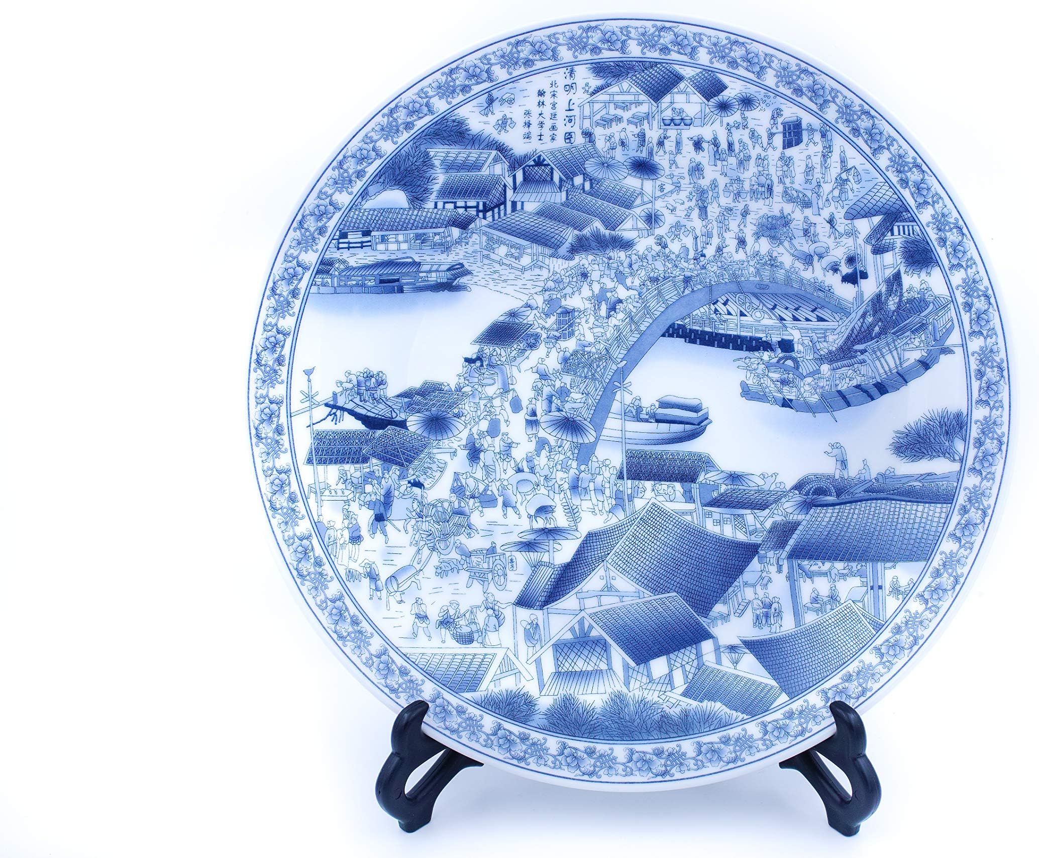 Jinde Zhen Chinese Blue & White Porcelain Plate - The Bridge Scene of Going Up to The River on Qing Ming Day. 清明上河图 (Reproduction)