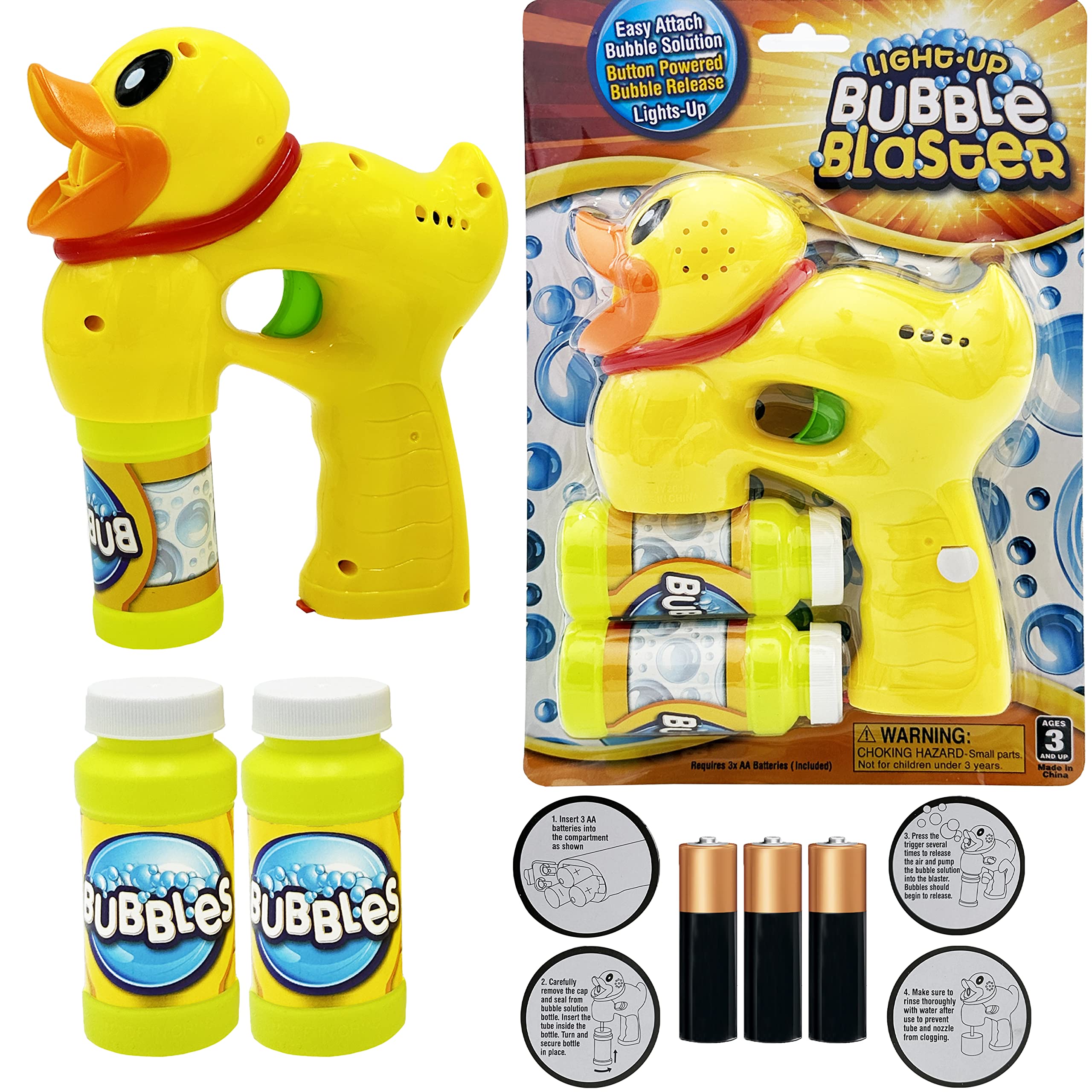 The Dreidel Company Light Up Ducky Bubble Blaster Gun Set, Includes Two Bubble Bottles and Batteries, Outdoor, Indoor Toys for Kids Fun, Gift Idea, Party Favor
