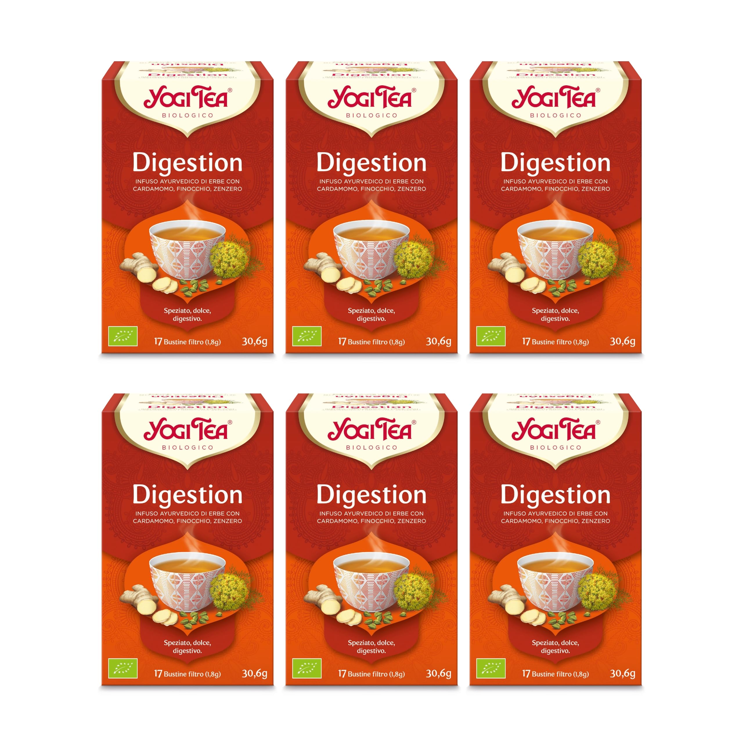 Yogi Tea Digestion Bio - Infuso Ayurvedico - Miscela di Cardamomo, Finocchio e Zenzero Sensa Caffeina - 6x17 bustine (102 bustine in totale)