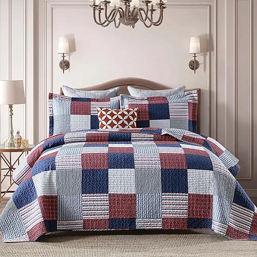 Finlonte Colcha tamaño Queen 100 algodón ligera juego de edredón de retazos a cuadros azul rojo y blanco suave reversible para cama para todas las disponible en Yaxa Colombia
