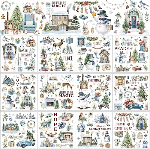 Vista 17 de BBTO 12 hojas de transferencia de Navidad para manualidades y muebles, calcomanías de transferencia de Navidad, calcomanías de invierno para madera