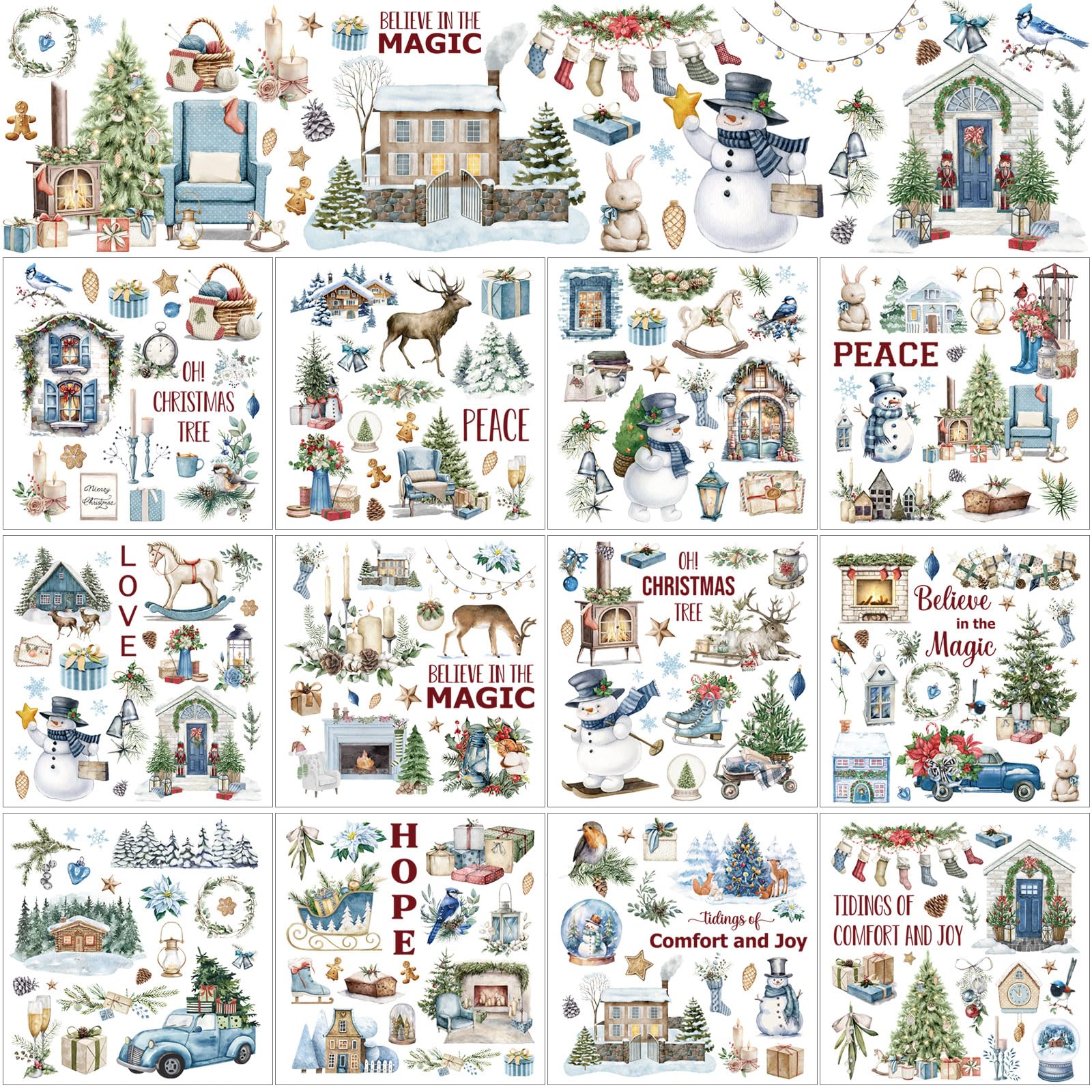 BBTO 12 Sheets Christmas Rub on Transfers for Crafts, Bright