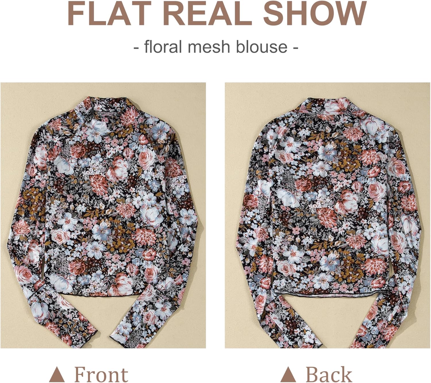 SELINK Long Sleeve Mesh Tops for Women Floral Print Sheer Blouses Mock Neck See Through Shirts - Image 4