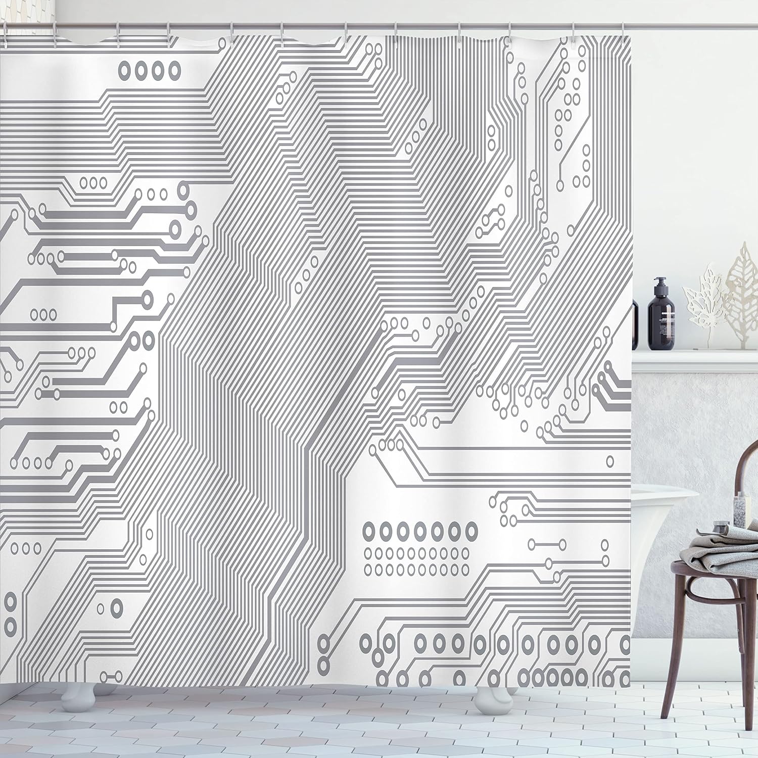Ambesonne Digital Shower Curtain, Computer Motherboard Electronic Hardware Technical Display Futuristic Plan Design, Cloth Fabric Bathroom Decor Set with Hooks, 69" W x 84" L, White Grey