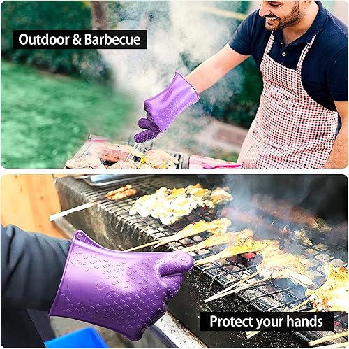 Miniatura 5 de Guantes de barbacoa morados  Guantes antideslizantes para parrilla a prueba de calor para hombres para hornear, cocinar y asar a la parrilla,