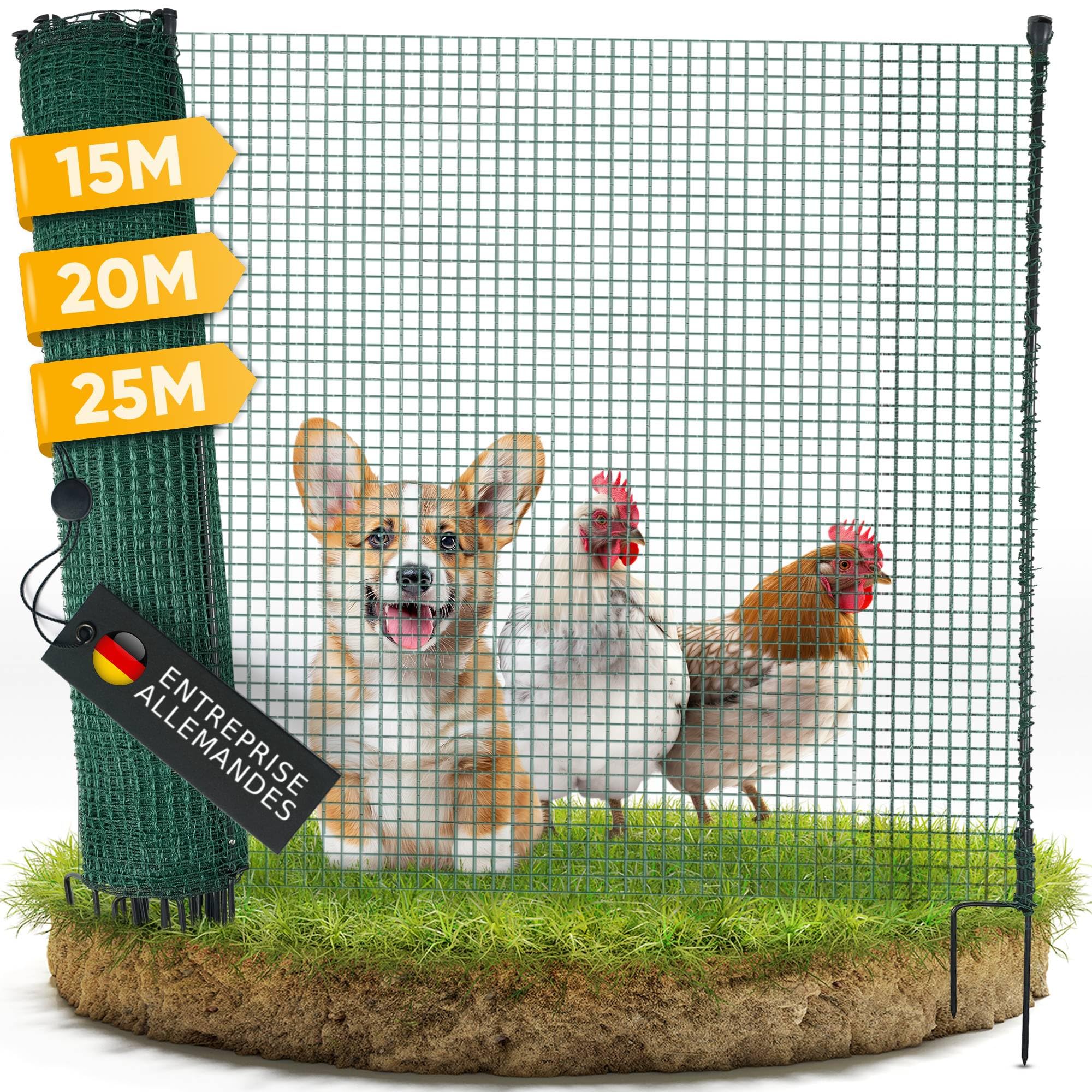 NATURIZ® filet poule en 15m / 20m / 25m x 90cm - cloture jardin exterieur extrêmement stable, sans électricité, vert (20m)