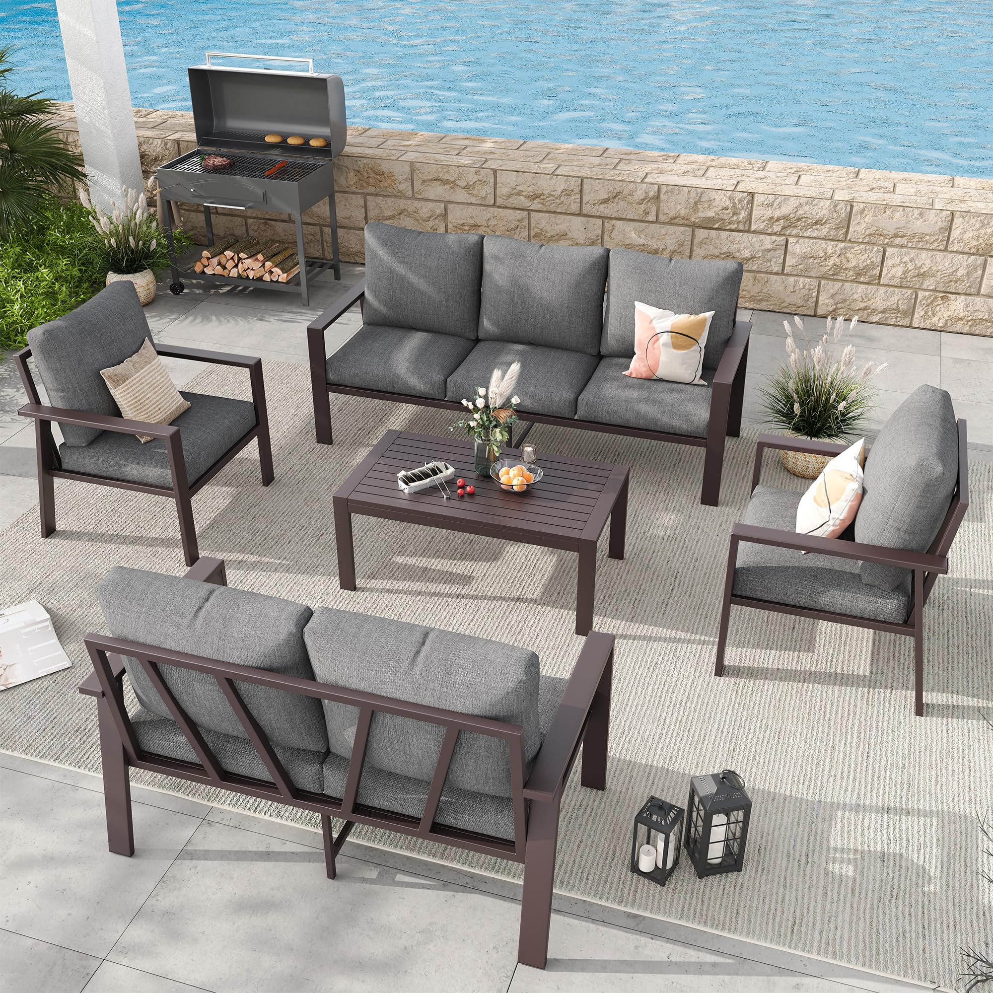 VONZOY 5 Piece Modular Aluminum Patio Furniture Set in Brown and Gray