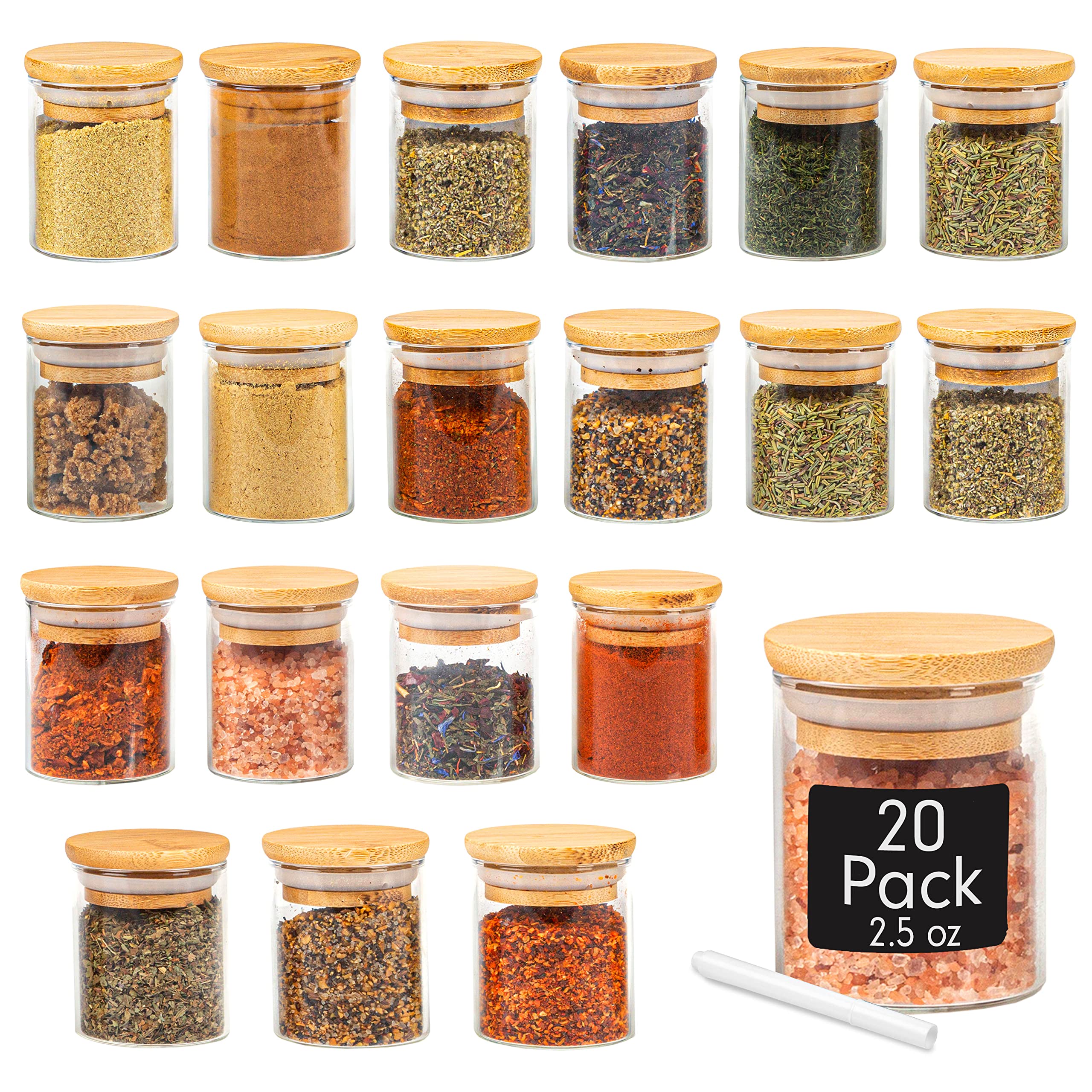 Crutello20 Pack 2.5 Oz Mini Spice Jars with Bamboo Lids, Dishwasher Safe Jars for Spices, Honey, Beans, Rice, Party Favors
