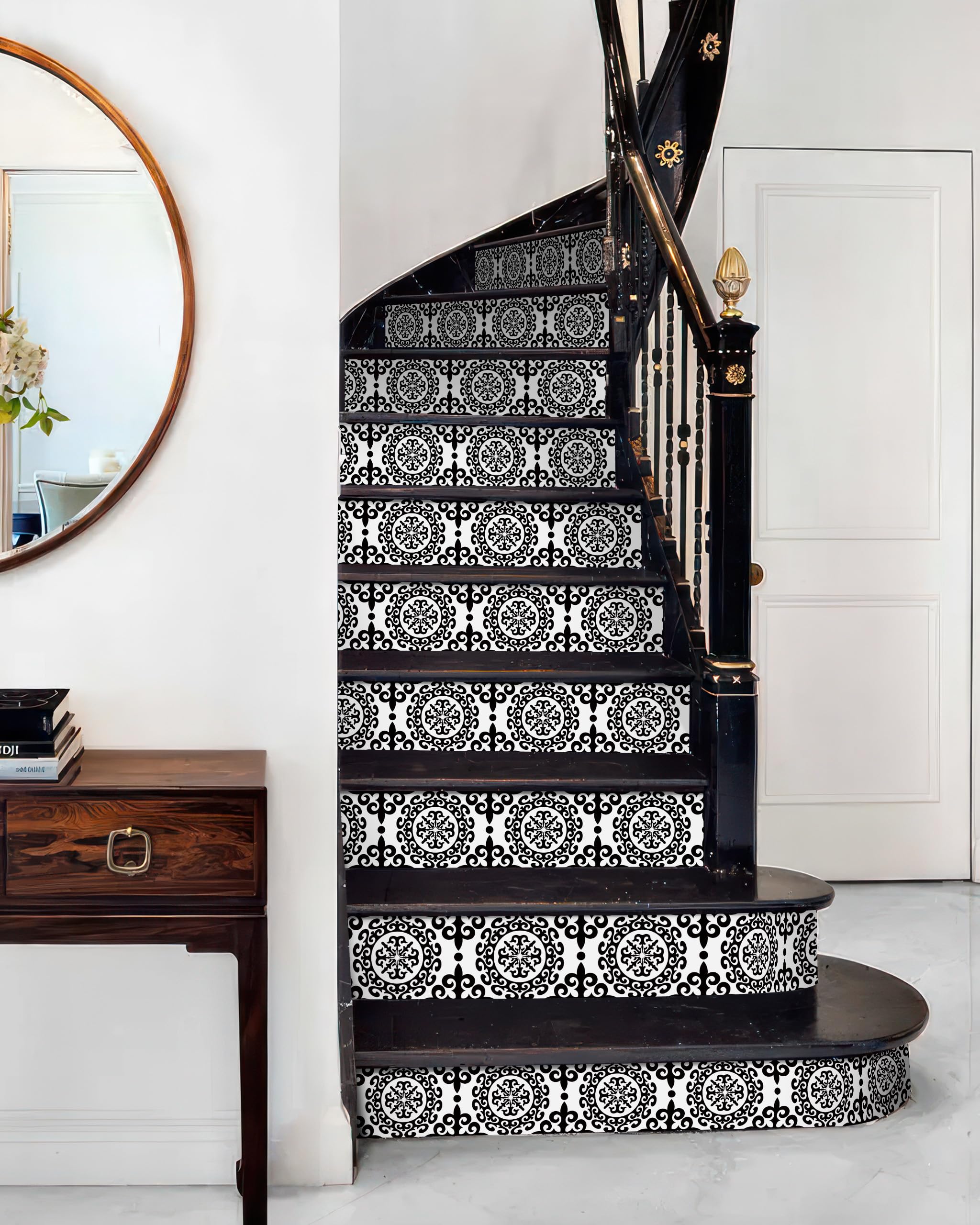 Calcomanías para escaleras interiores FLFK de damasco autoadhesivas en blanco y negro (13 piezas)