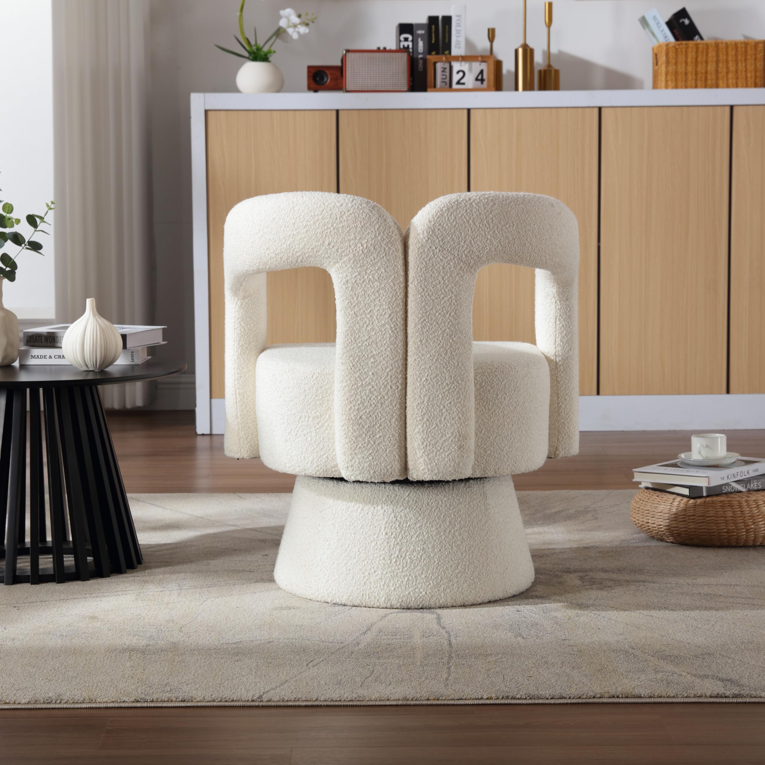 OKMYHOME Sessel – 360° drehbarer Sessel mit gepolsterter Sitzfläche aus Schlaufenstoff, Rahmen aus Holz und Metall, Belastung 150 kg, 67 x 55 x 74 cm, Beige