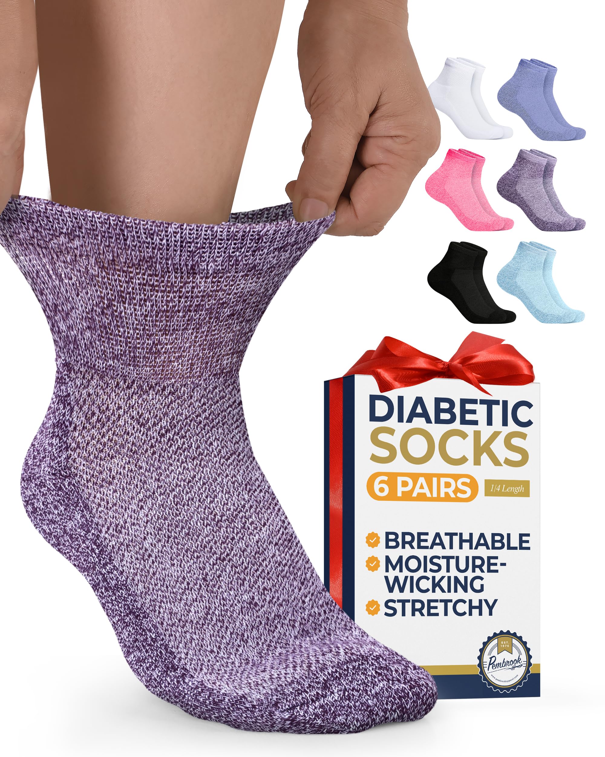 Pembrook Diabetic Ankle Socks for Men & Women | 6 Pairs Wide Non Binding Socks Quarter Length | Edema Neuropathy Socks