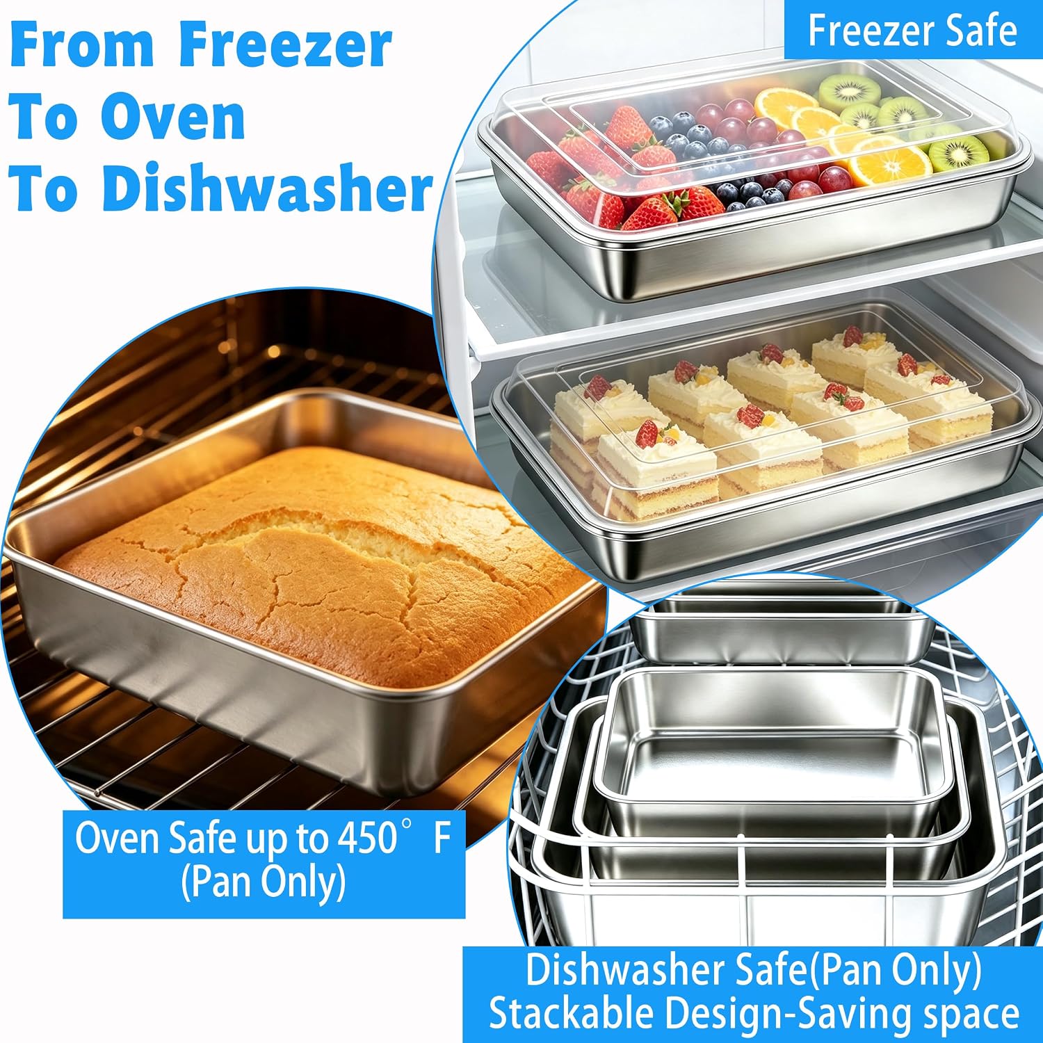 Baking Pan Set of 8: Two 8x8 & Two 9x12 Cake Pan with Lid, 2" Deep | Stainless Steel Baking Pan Set–Square & Rectangle Cake Pans with Lids.heavy-duty.Non-Toxic,BPA-Free