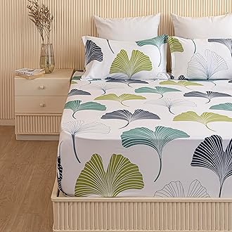 HOMEMONDE Premium Cotton 210 TC Flat Sheet Soft Breathable Leaf Printed Queen Bedsheets 90 x 100 Inch with 2 Regular 18 x 28 Size Pillow Covers, Blue and Green - 228 x 254 CM