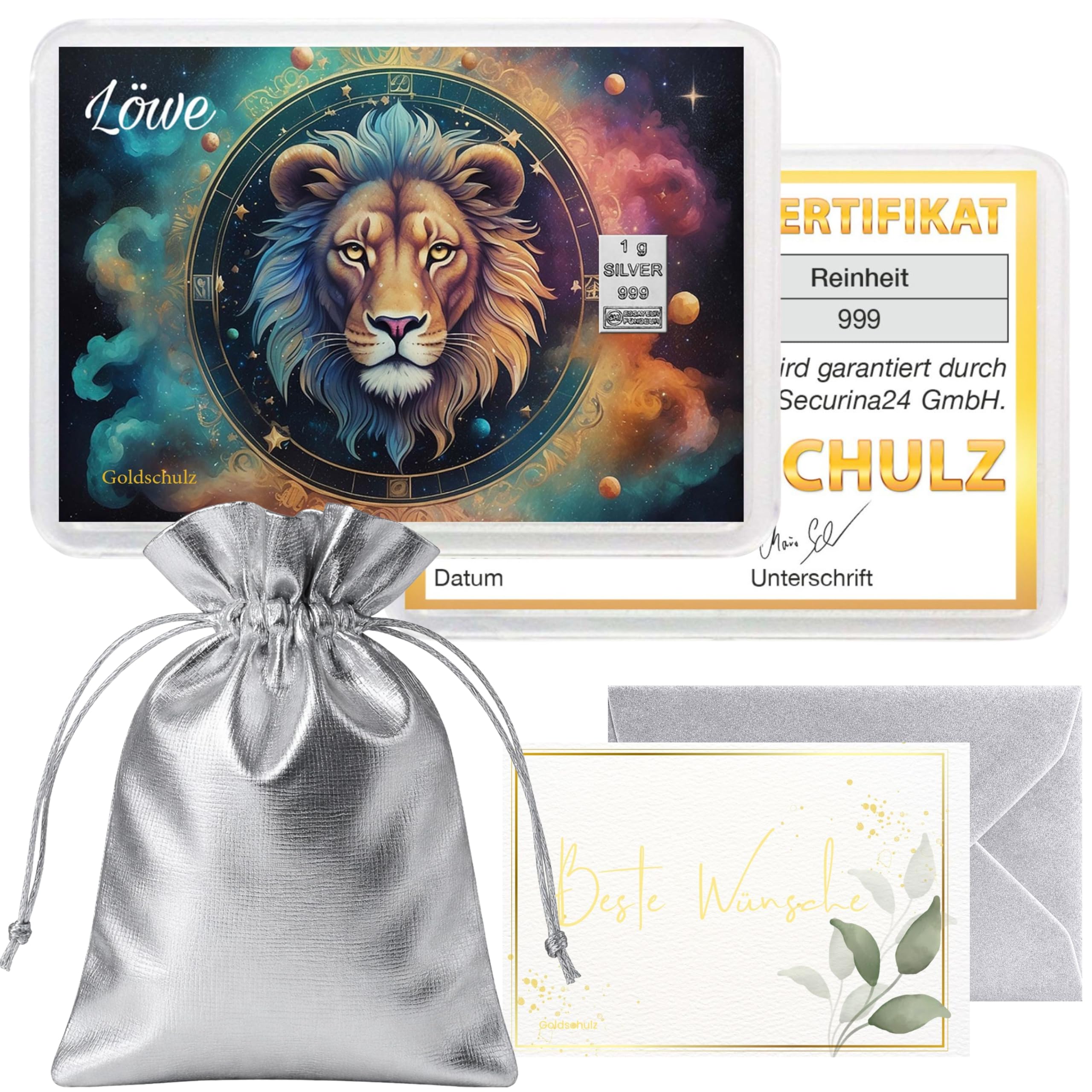 Silberbarren 1g 1 Gramm Motivbox - Sternzeichen Löwe - Geschenk + Echtheitszertifikat
