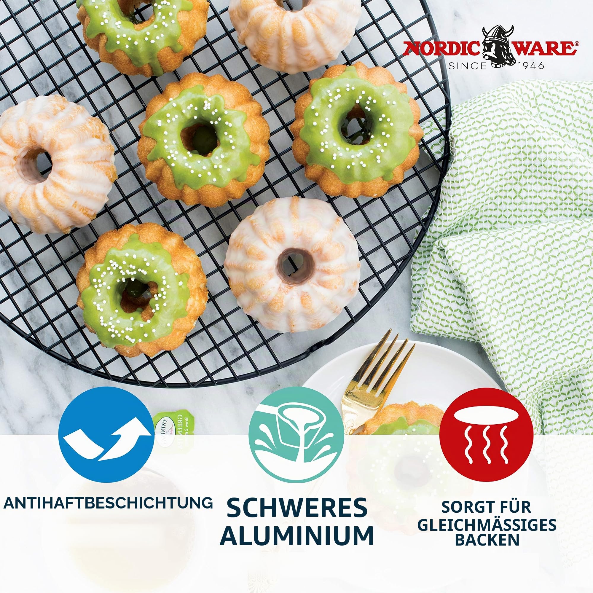 NordicWare Backform - Kuchenform - Minikuchen - Anniversary Bundtlette, Aluminium, Gold, 21,8 x 32,8 x 5,1 cm, 1 Einheiten, 86277