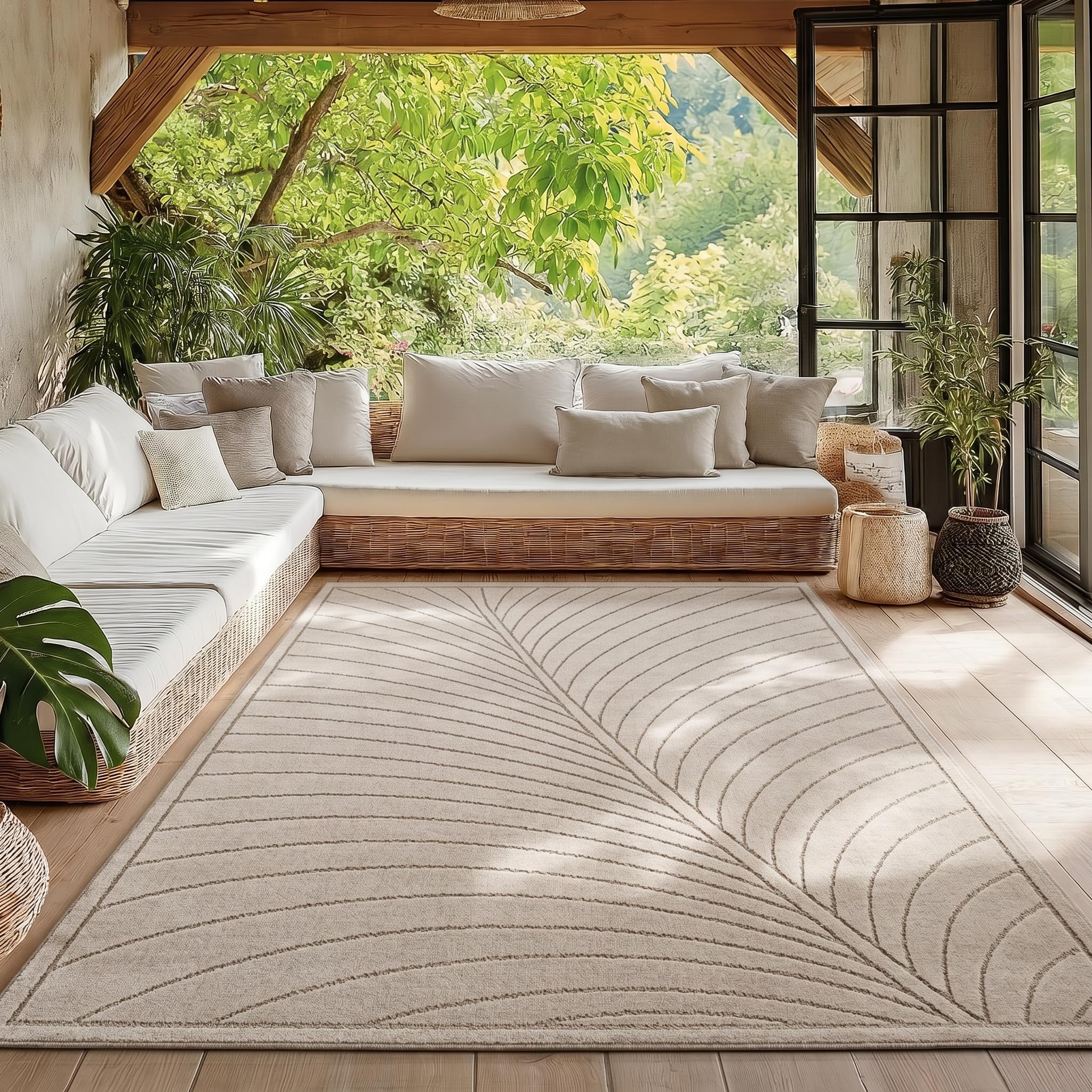 HomebyHome Kurzflor Teppich Wohnzimmer Schlafzimmer 3D Hoch-Tief-Effekt, Skandinavisch Boho Motiv, für Outdoor Bereich geeignet Terrassen oder im Balkon