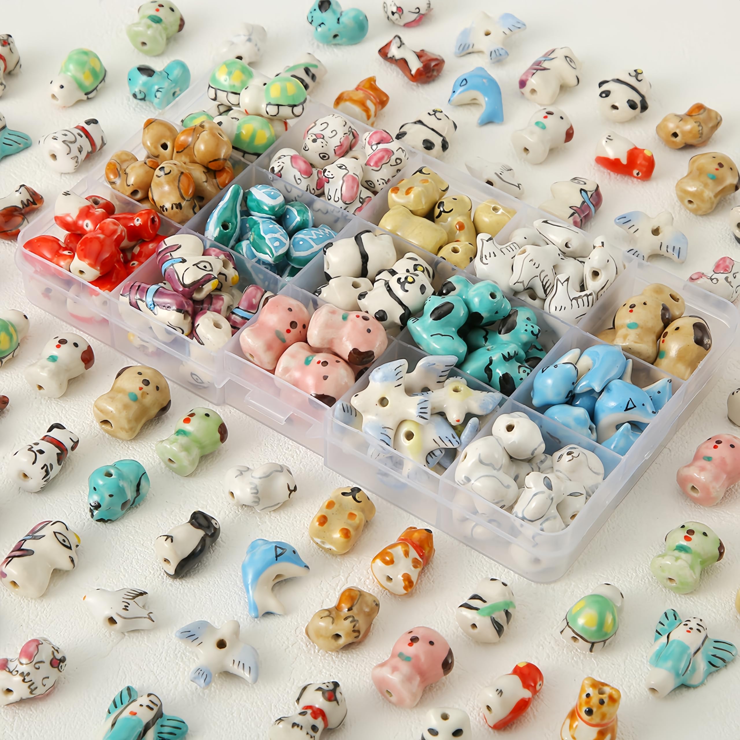 30Pcs Cute Ceramic Animal Beads,Dog Fox Panda Dolphin Dove Penguin Bear Fish Shaped Random Mixing Spacer Beads Handmade Porcelain Painted Beads for Jewelry Making DIY Handmade Bracelet