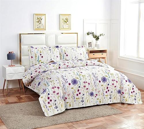 Miniatura 2 de Juego de ropa de cama ultrasónica de 3 piezas con estampado floral lavanda colcha reversible tamaño Queen 90 x 90 pulgadas diseño botánico de flores