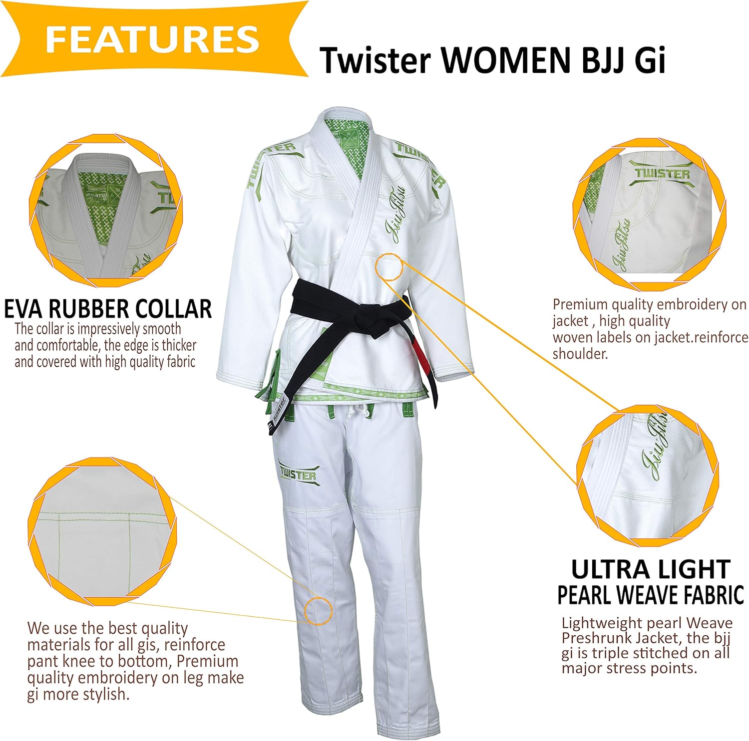 Twister Women Brazilian Jiu Jitsu Gi Preshrunk Premium Quality Fabric Comes with White Belts & Gi Bag… (W3, White)